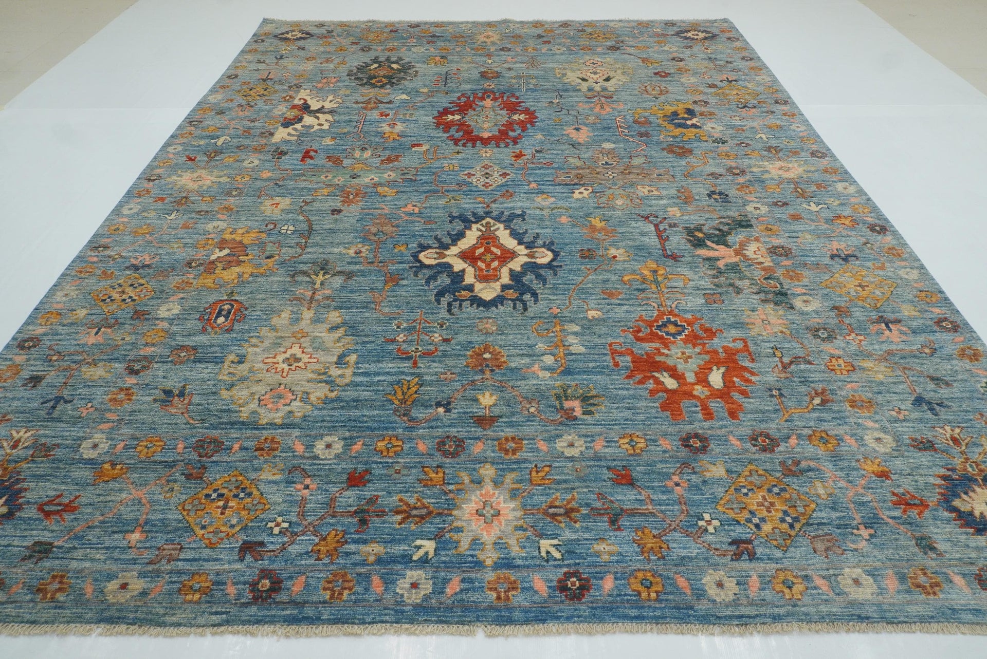9x12 Blue Oushak Hand-Knotted Plush Wool Turkish Rug