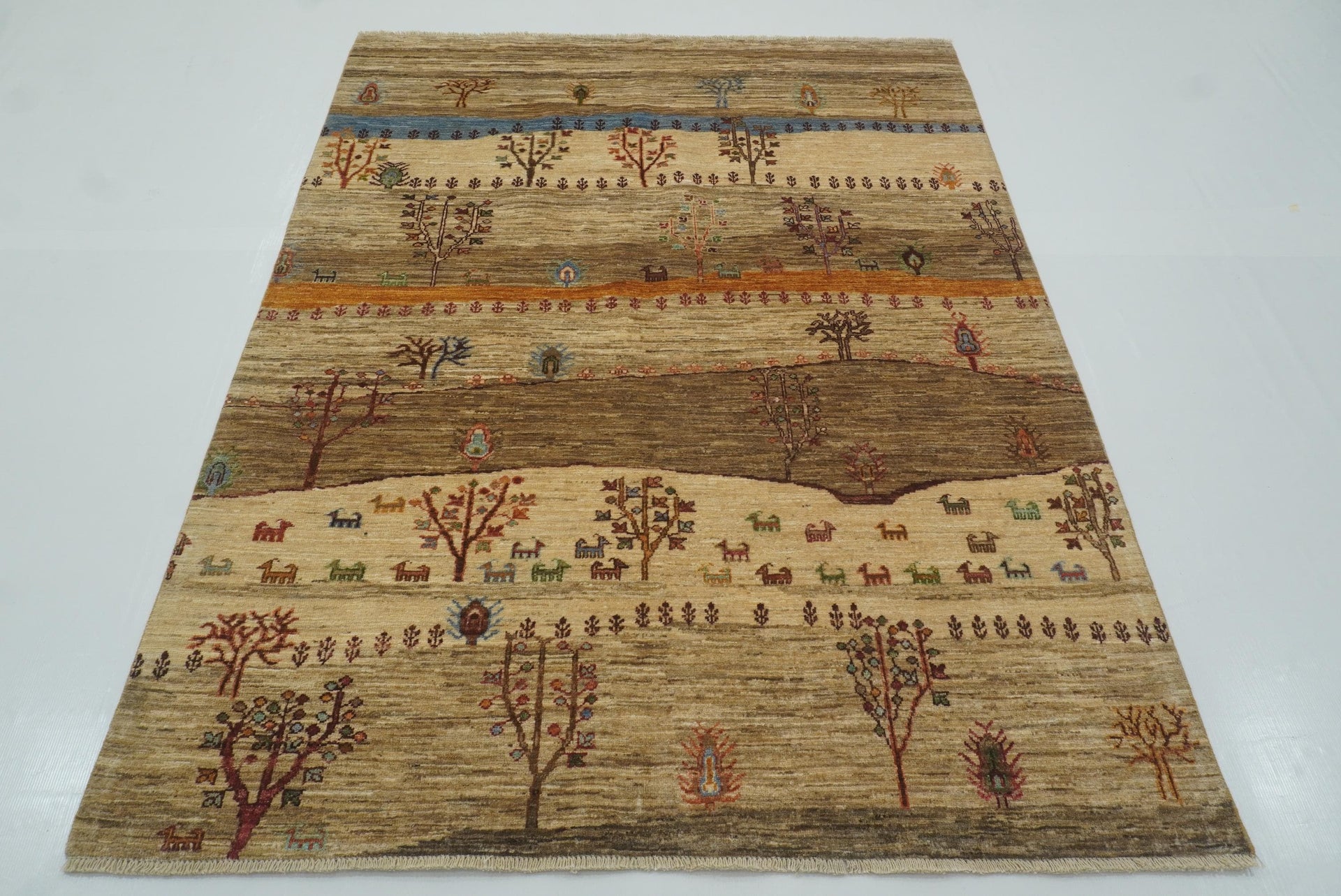 5x7 Beige Gabbeh Tree of Life Hand-Knotted Afghan Wool Rug