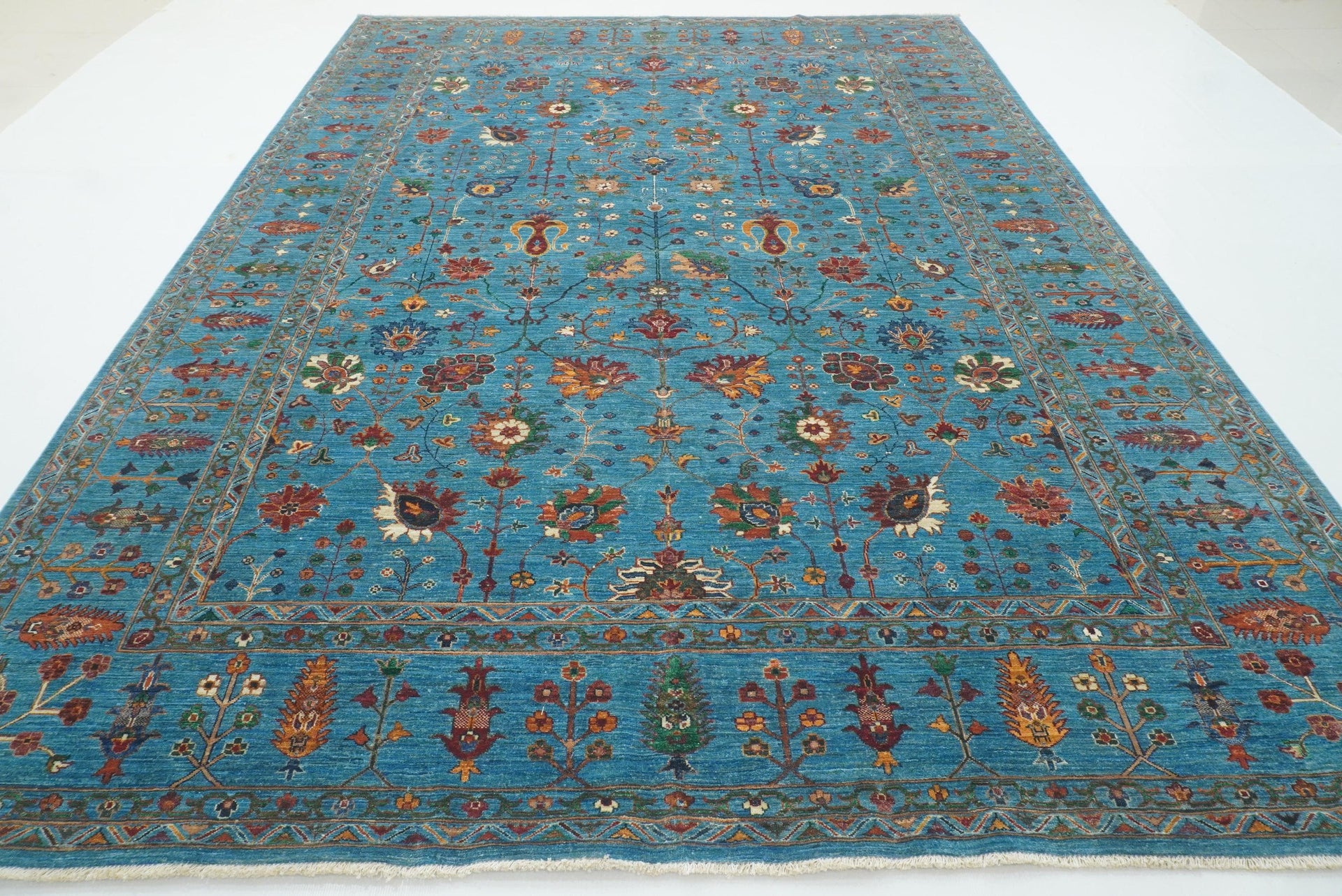 9x12 Waziri Turquoise Blue Afghan Hand knotted Wool Rug