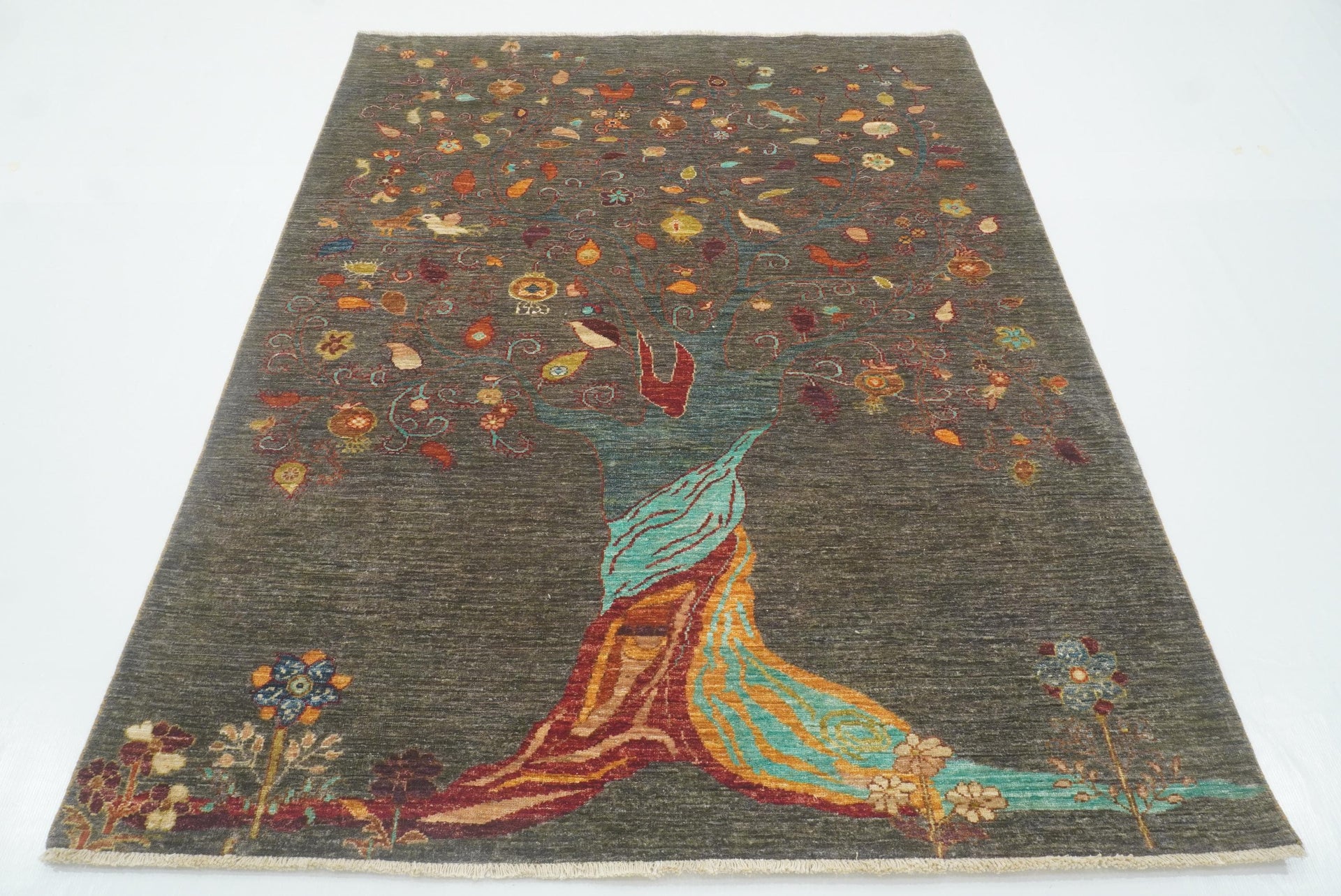 5x7 Gray Gabbeh Tree of Life Hand-Knotted Afghan Rug