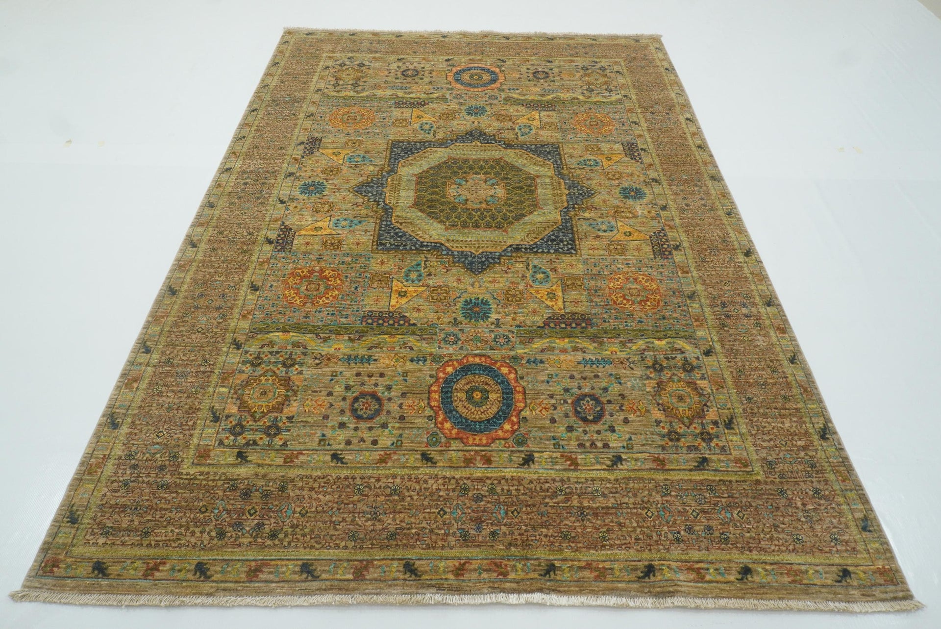 6x8 Mamluk Beige Afghan Hand Knotted Wool Rug