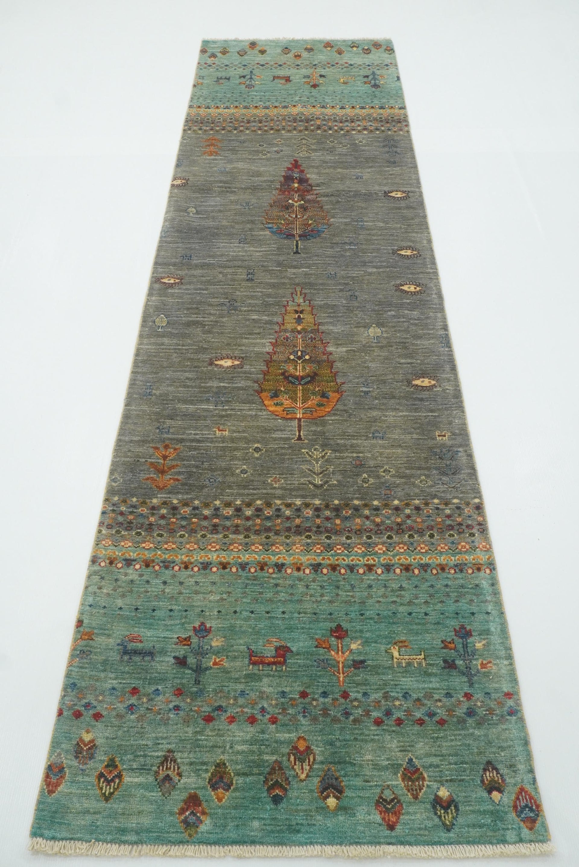 10 ft Gray Blue Gabbeh Tree Afghan Hand Knotted Runner Rug