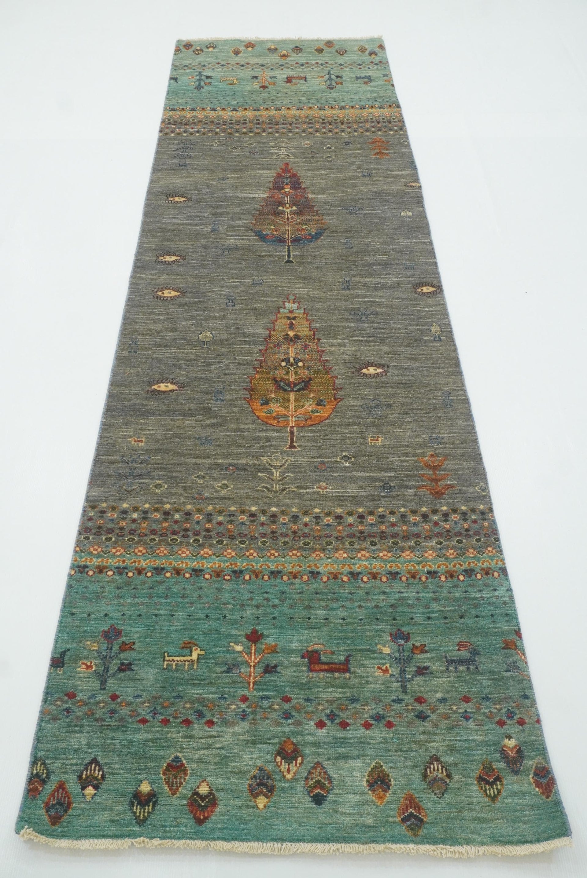 10 ft Gray Blue Gabbeh Tree Afghan Hand Knotted Runner Rug