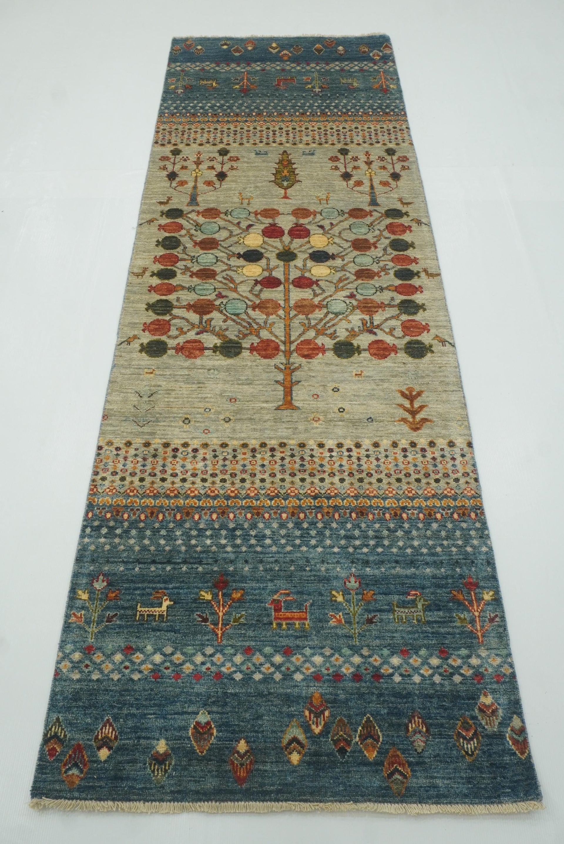 9 ft Blue Gabbeh Tree Afghan Hand Knotted Wool Runner Rug