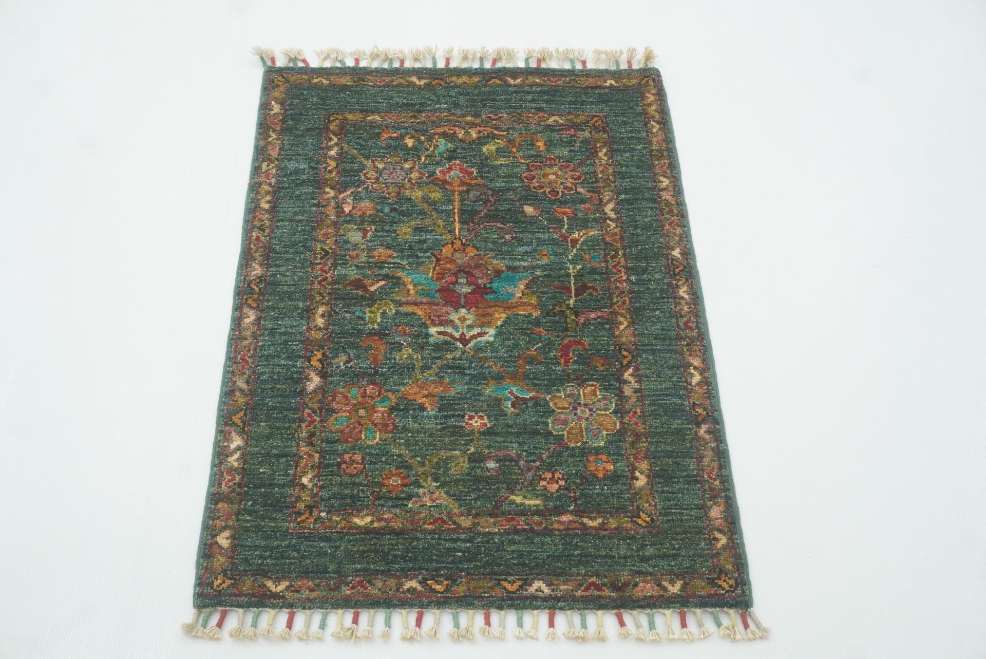 2x3 Green Waziri Afghan Hand knotted Oriental Rug - Yildiz Rugs