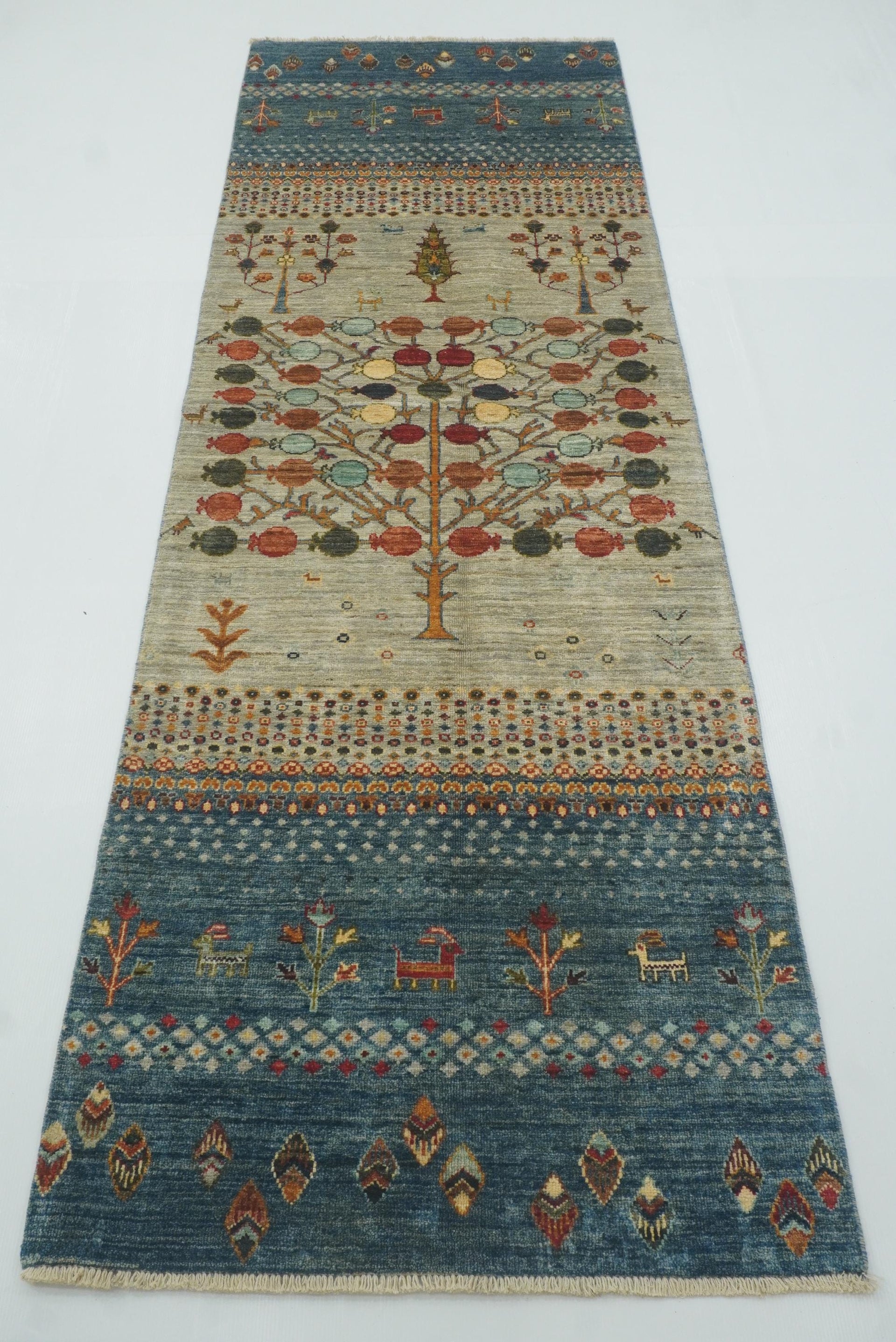 9 ft Blue Gabbeh Tree Afghan Hand Knotted Wool Runner Rug