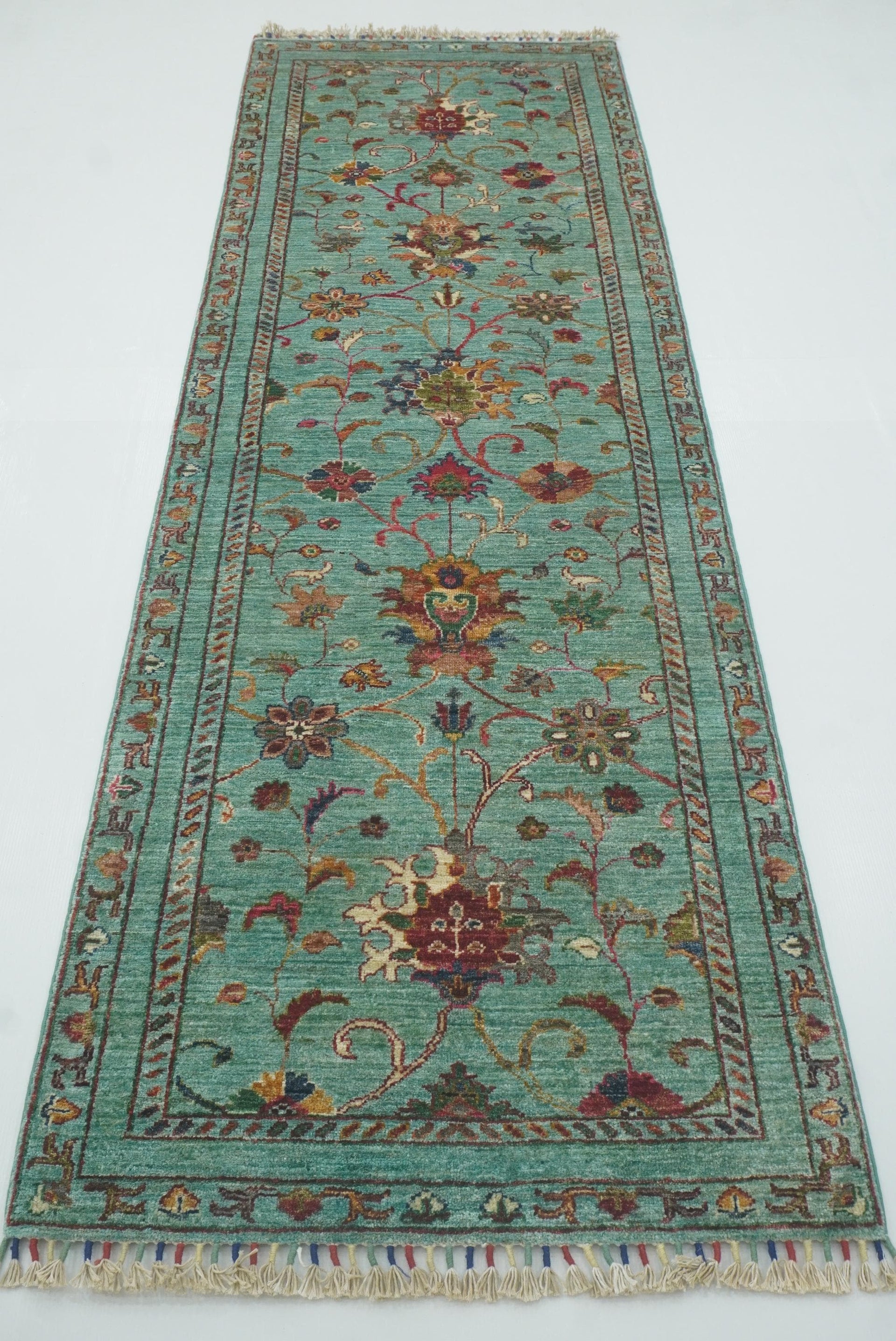 9 ft Waziri Turquoise Blue Afghan Hand-Knotted Wool Runner Rug - Yildiz Rugs