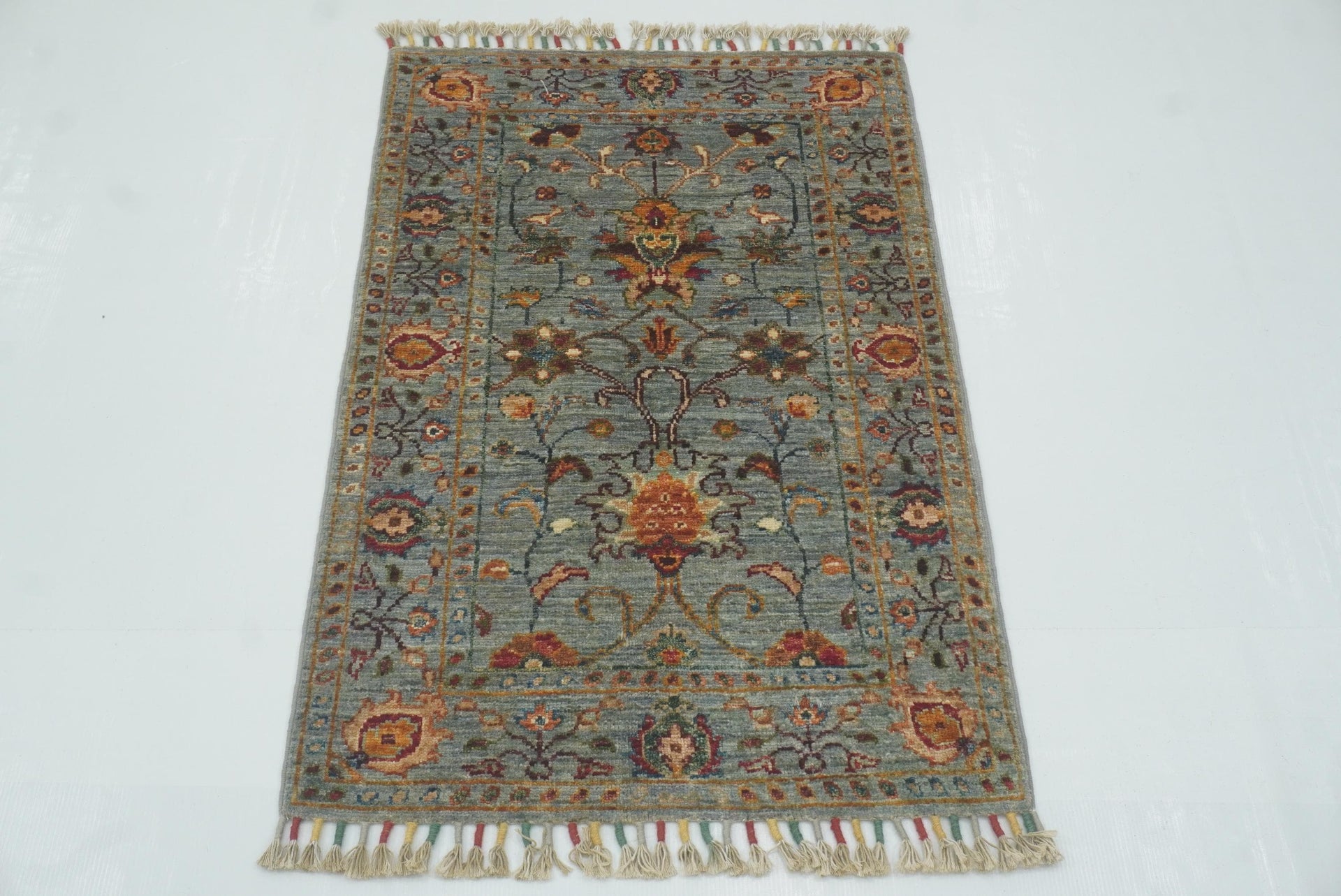 2x3 Gray Afghan Waziri Floral Hand Knotted Wool Rug - Yildiz Rugs