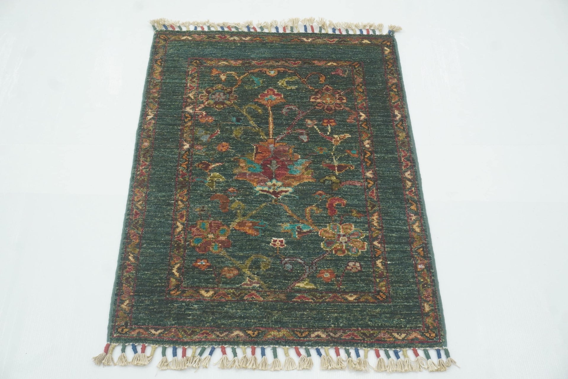 2x3 Green Waziri Afghan Hand knotted Oriental Rug - Yildiz Rugs