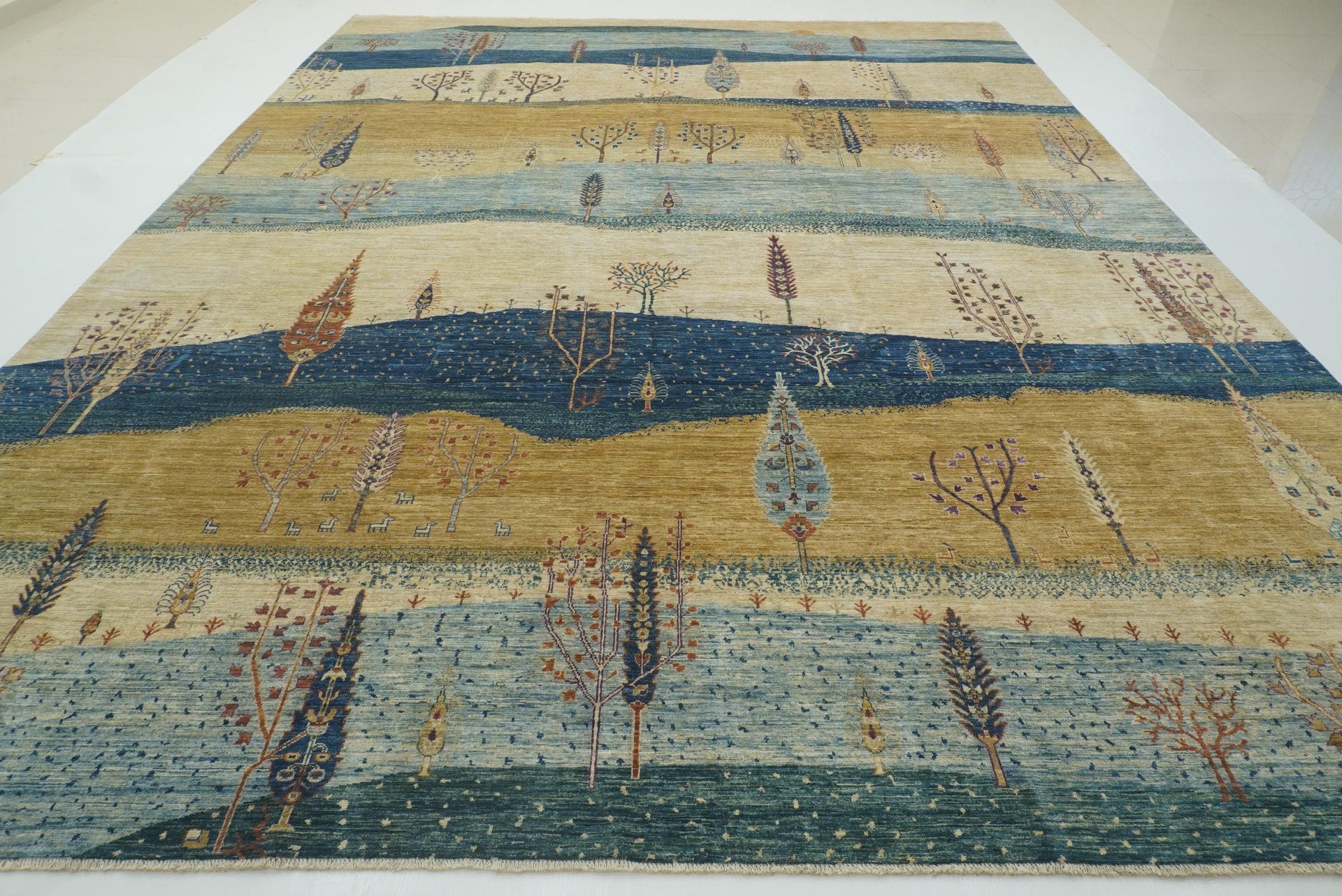 12x15 Blue Gabbeh Hand-Knotted Afghan Wool Landscape Tree Rug