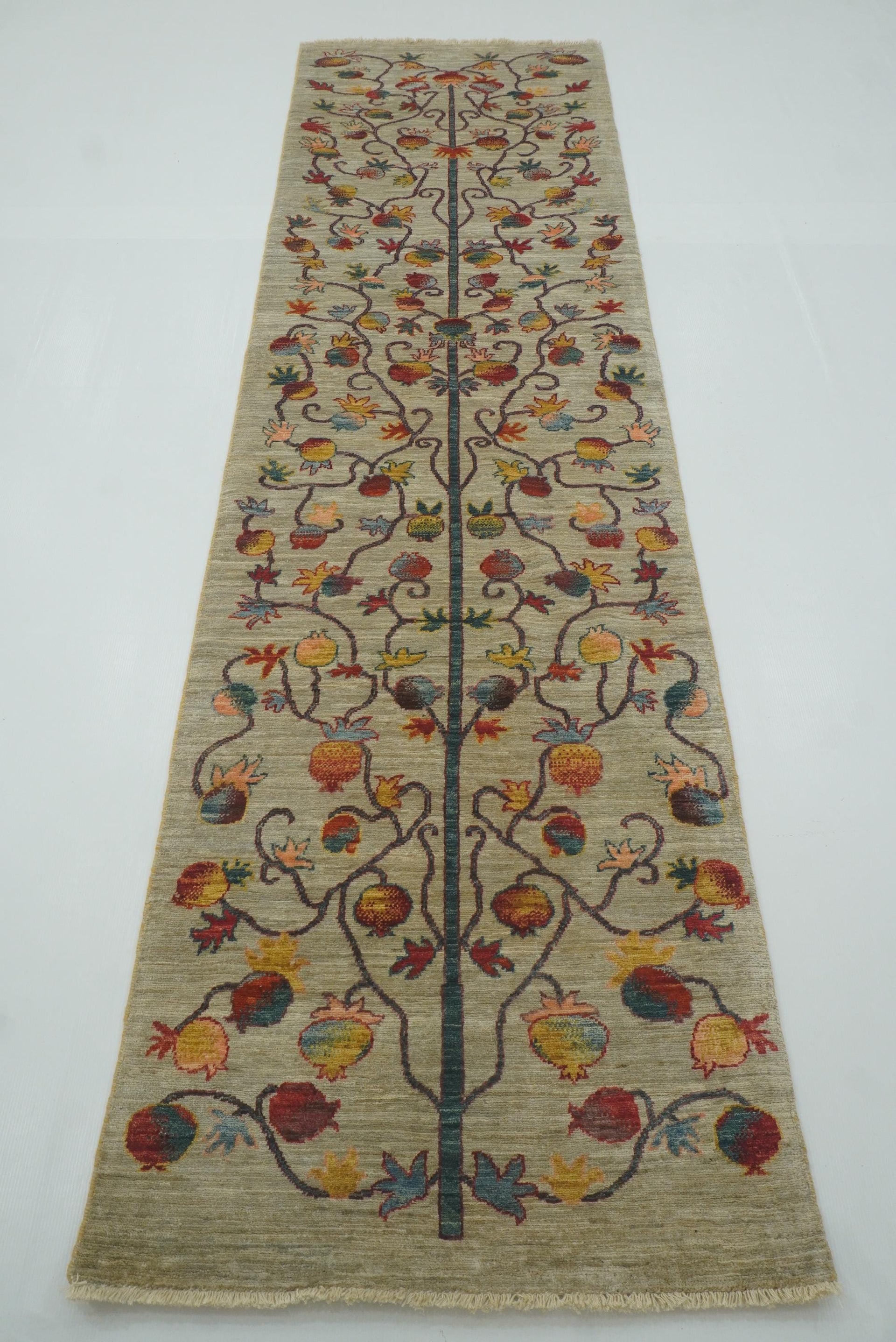 10 ft Gray Gabbeh Tree Afghan Hand Knotted Wool Runner Rug