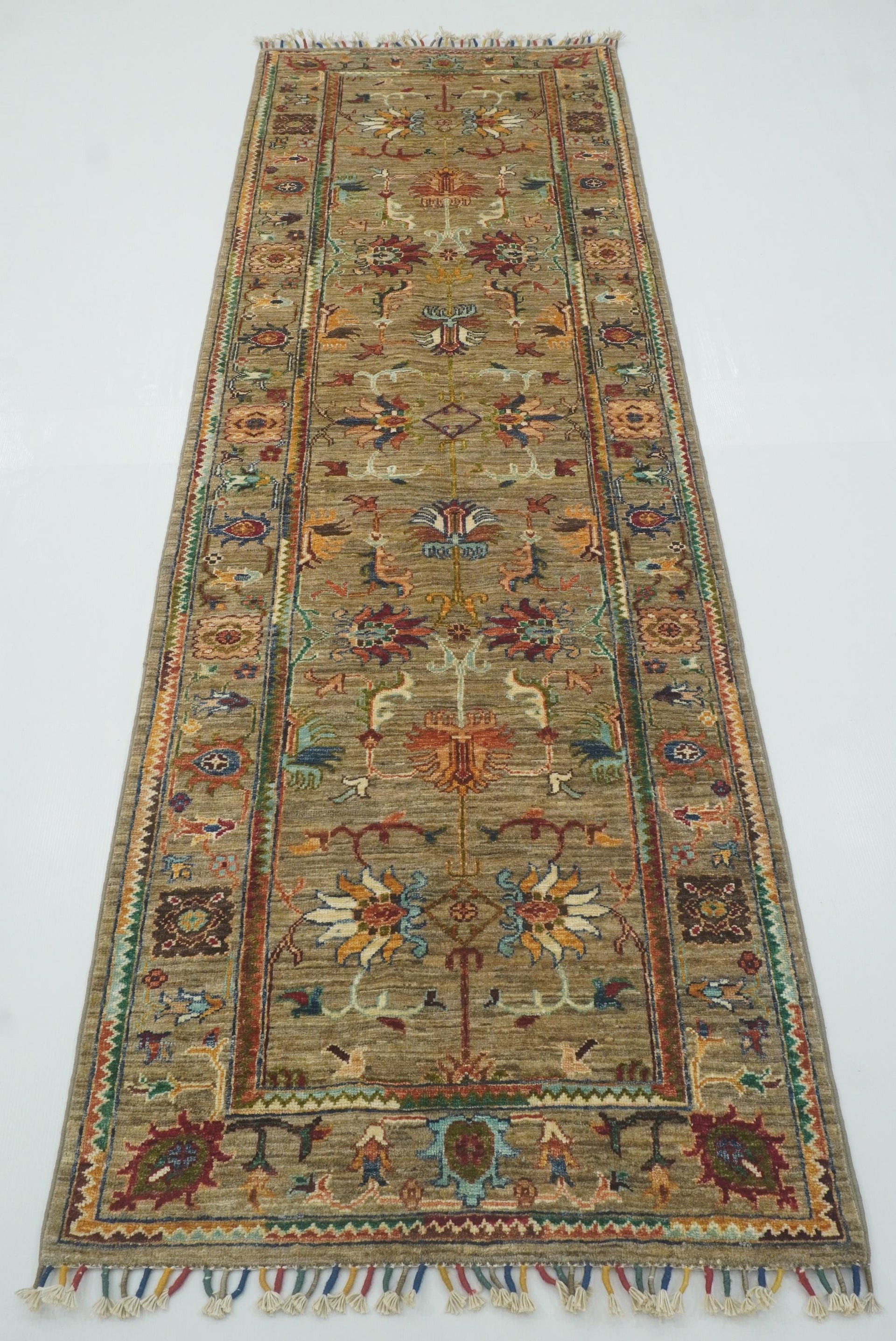 2'8"x8'6" Waziri Gray Afghan Hand-Knotted Wool Runner Rug