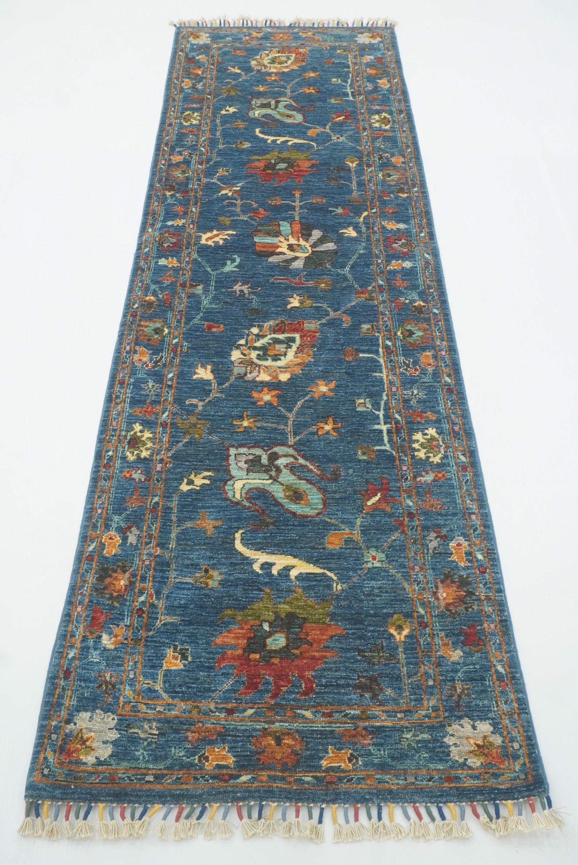 9 ft Waziri Blue Afghan Hand-Knotted Wool Runner Rug