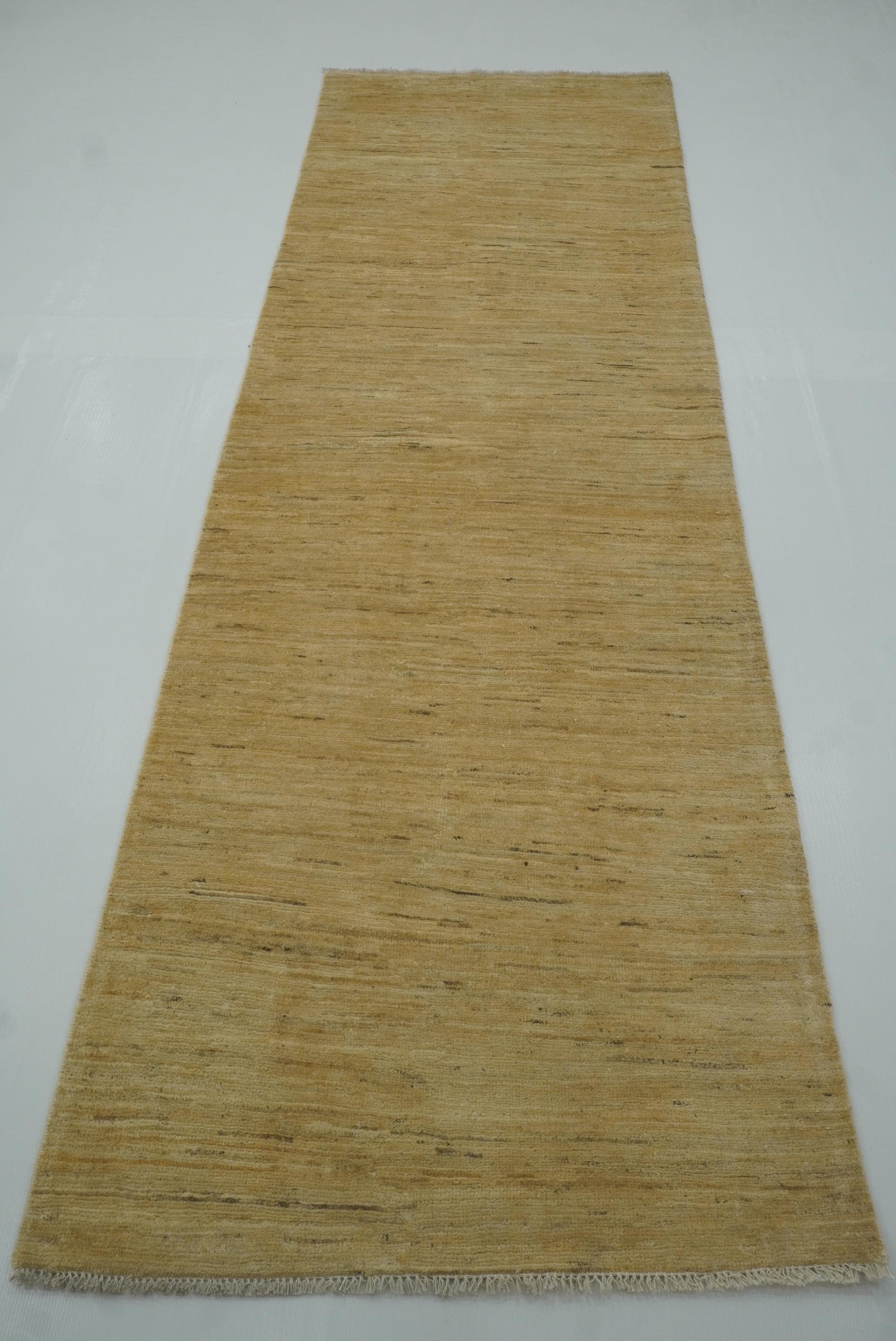 3'x9'7" Solid Gabbeh Gold Beige Afghan Hand Knotted Runner Rug