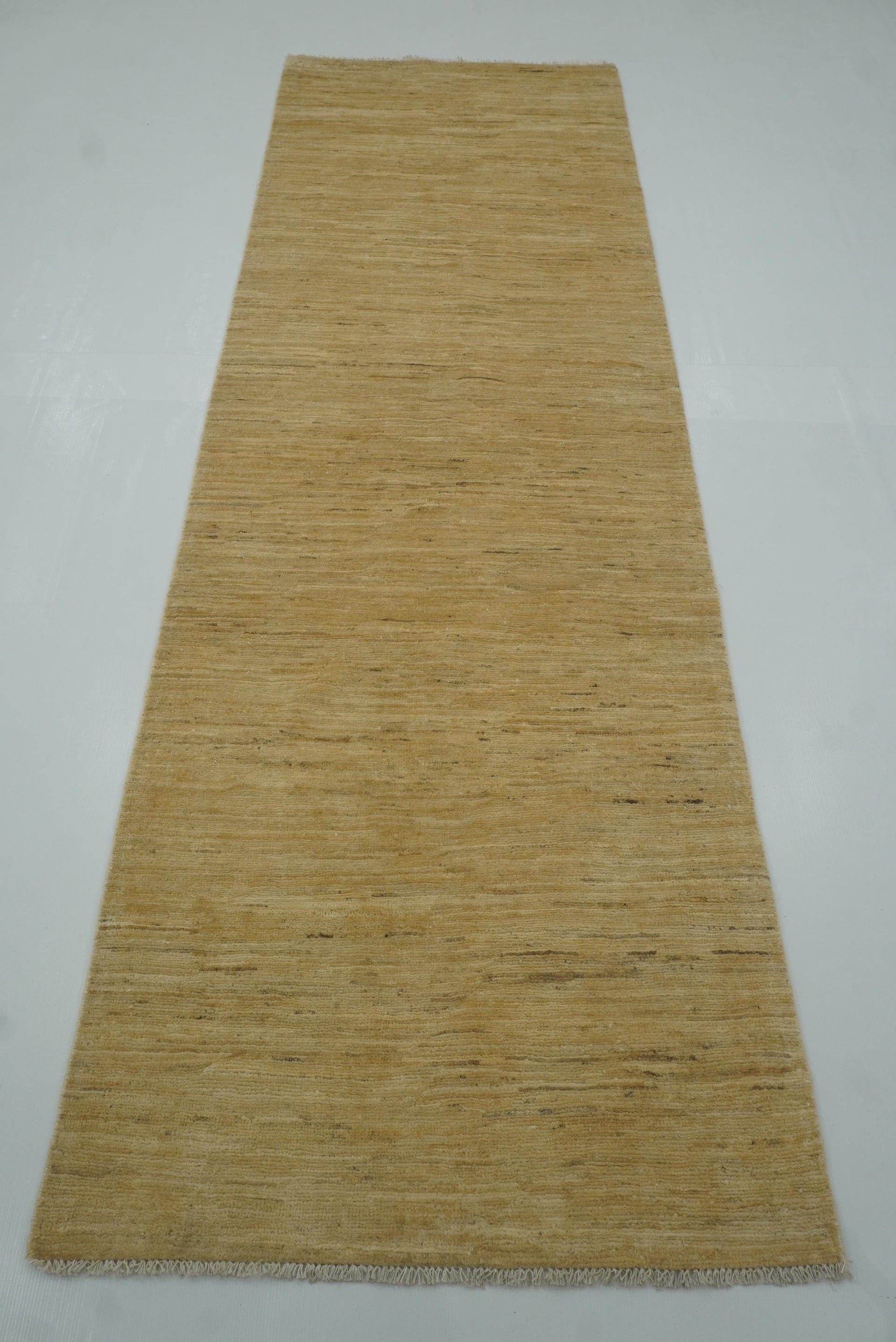 2'11"x9'5" Solid Gabbeh Gold Beige Afghan Hand Knotted Runner Rug
