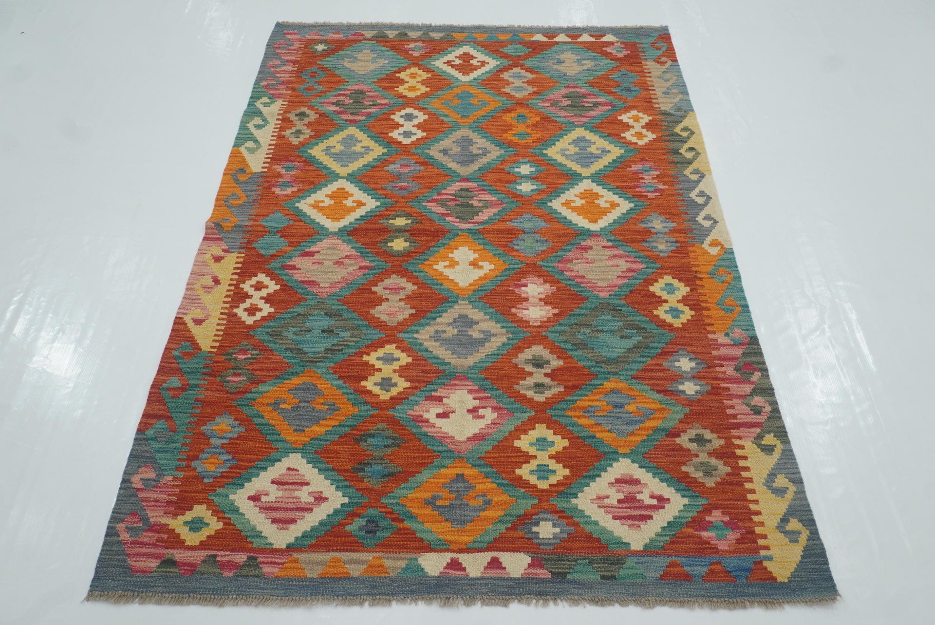 4x6 Red Afghan Handmade Geometric Kilim Rug