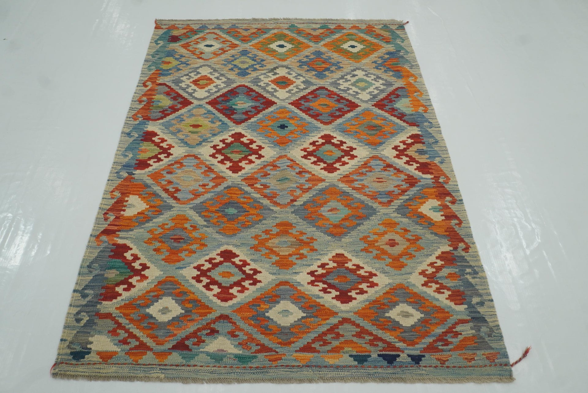 4x6 Blue Afghan Handmade Geometric Kilim Rug