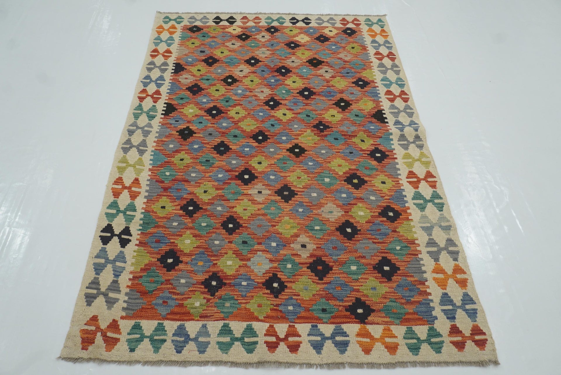 4x6 Red Afghan Handmade Geometric Kilim Rug