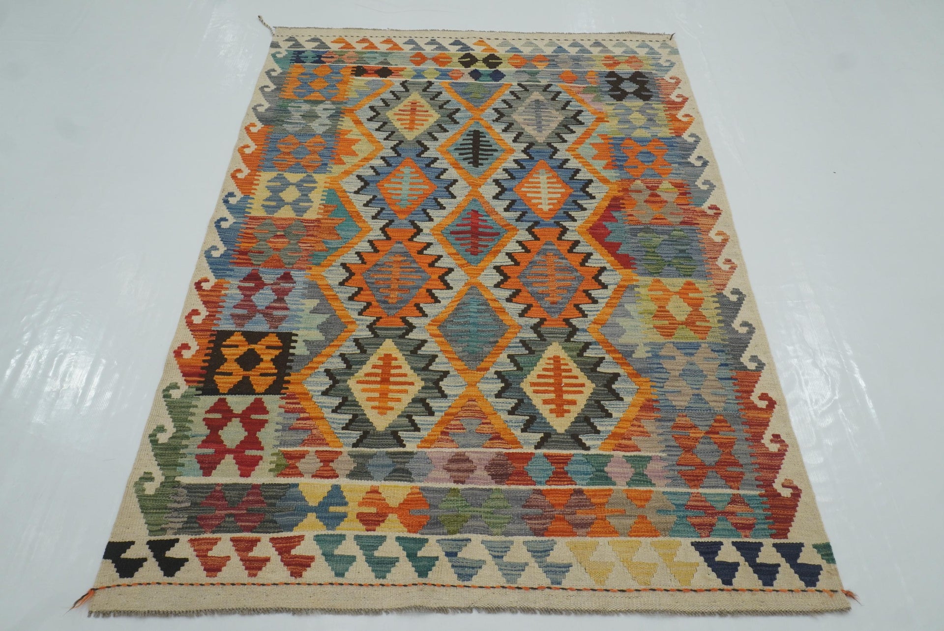 4x6 Blue Afghan Handmade Geometric Kilim Rug