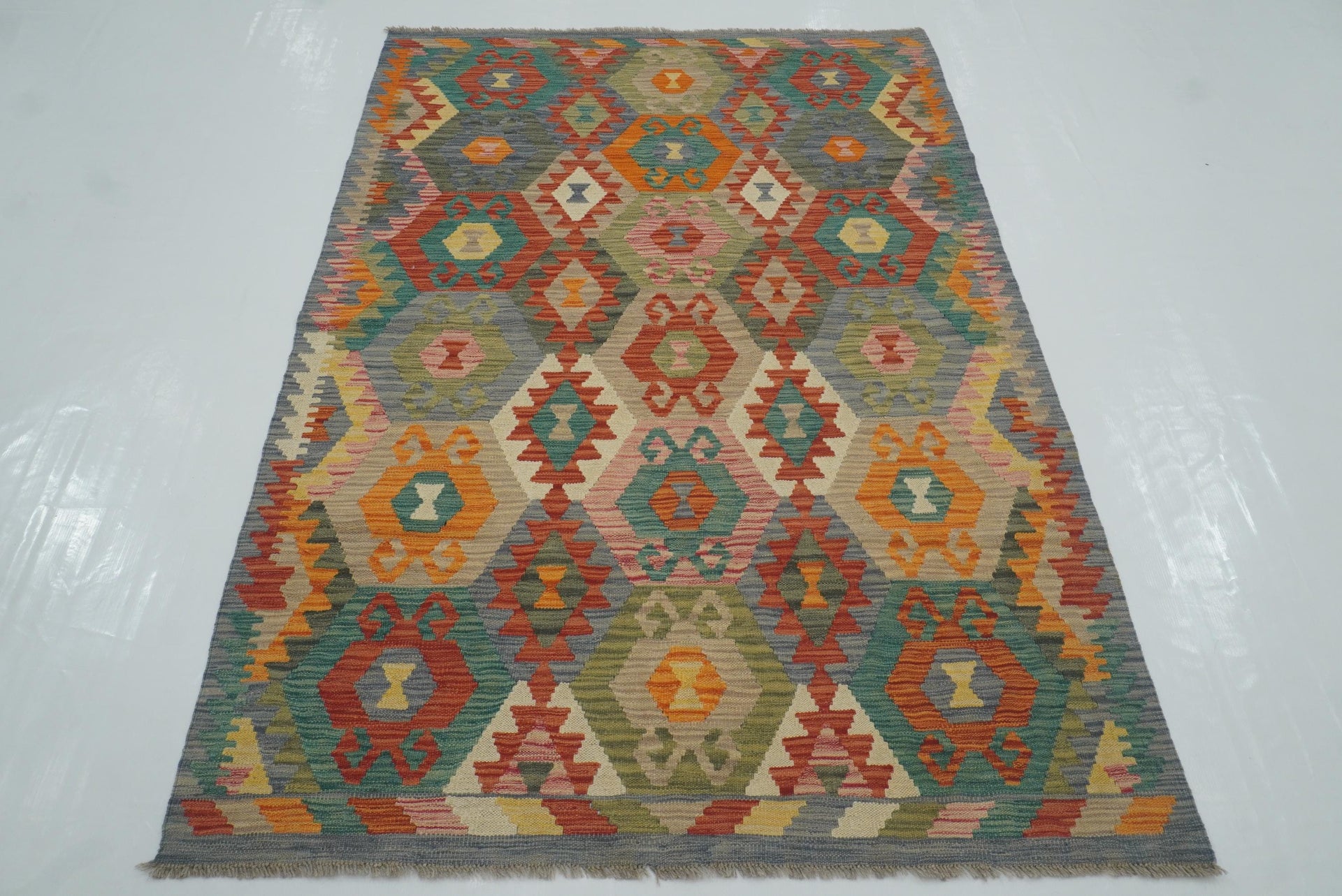 4x6 Gray Afghan Handmade Geometric Kilim Rug