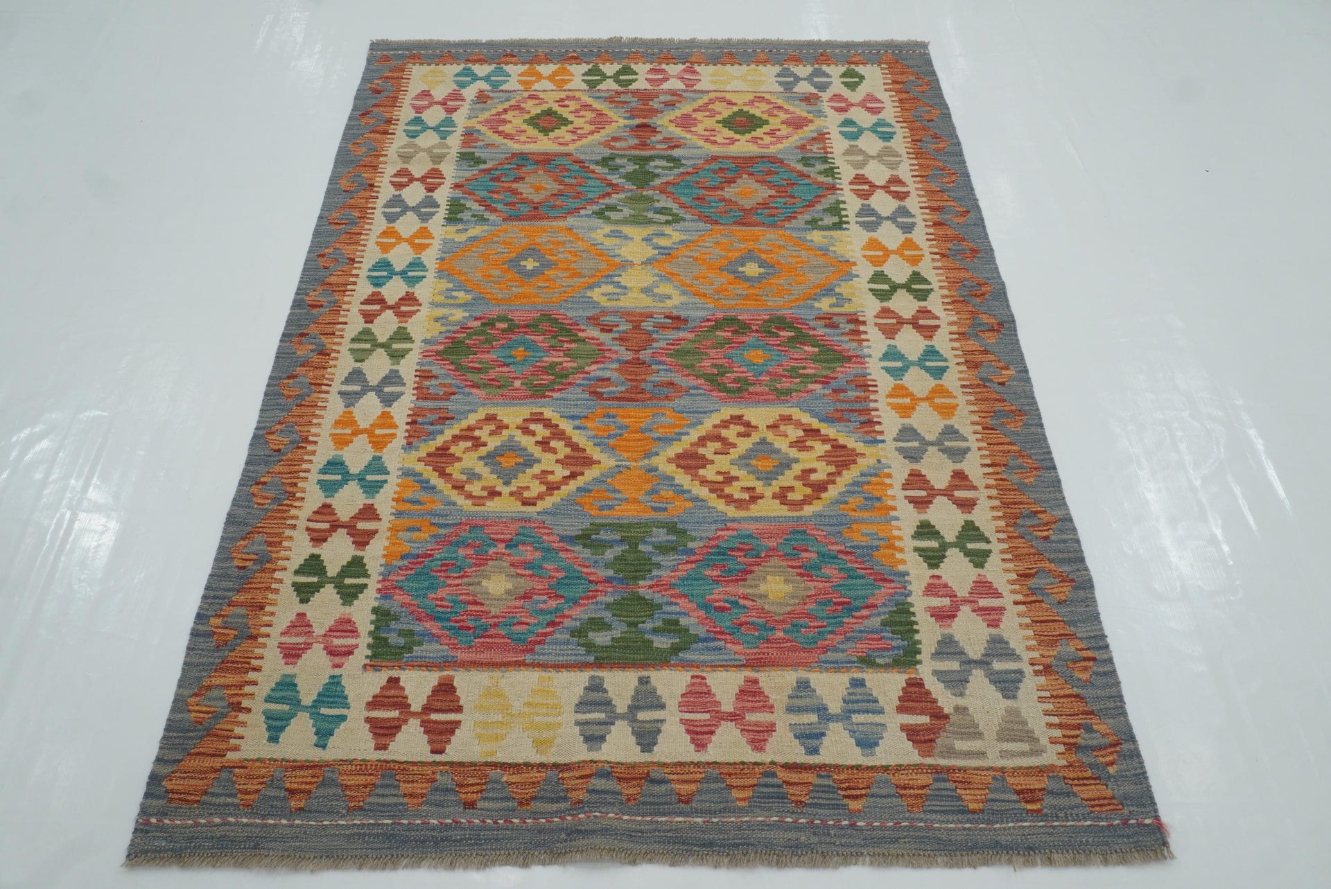 4x6 Blue Afghan Handmade Geometric Kilim Rug