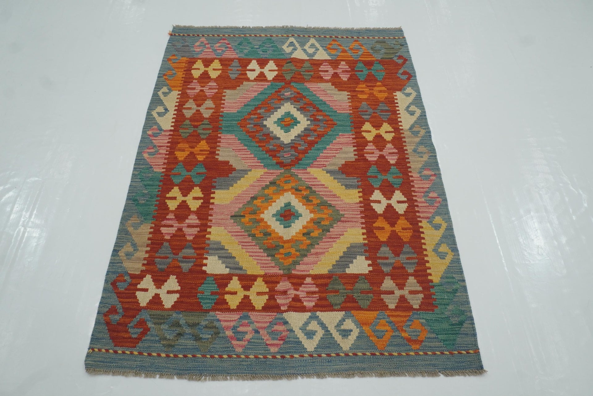 3x5 Red Afghan Handmade Geometric Kilim Rug