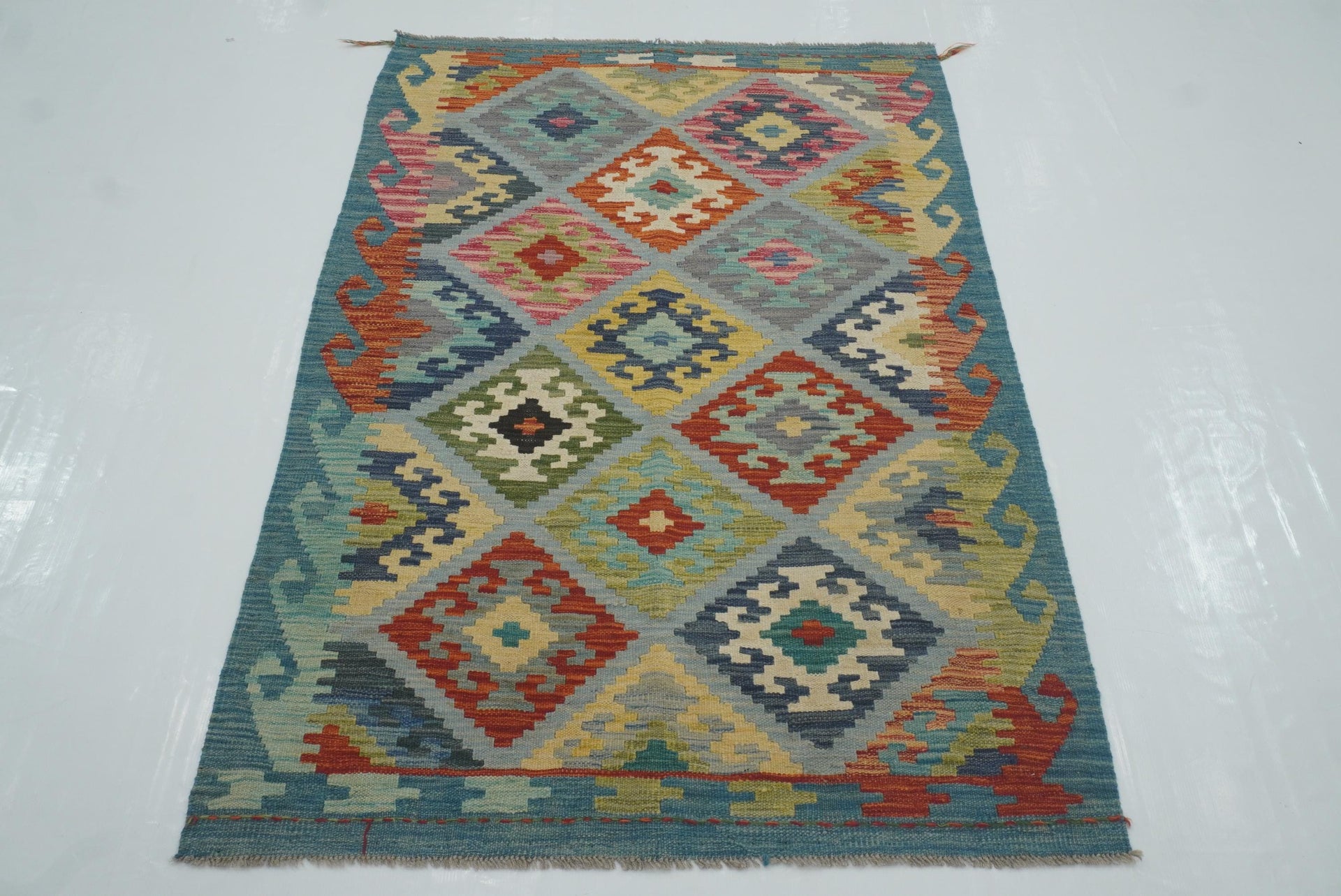 3x5 Blue Afghan Handmade Geometric Kilim Rug
