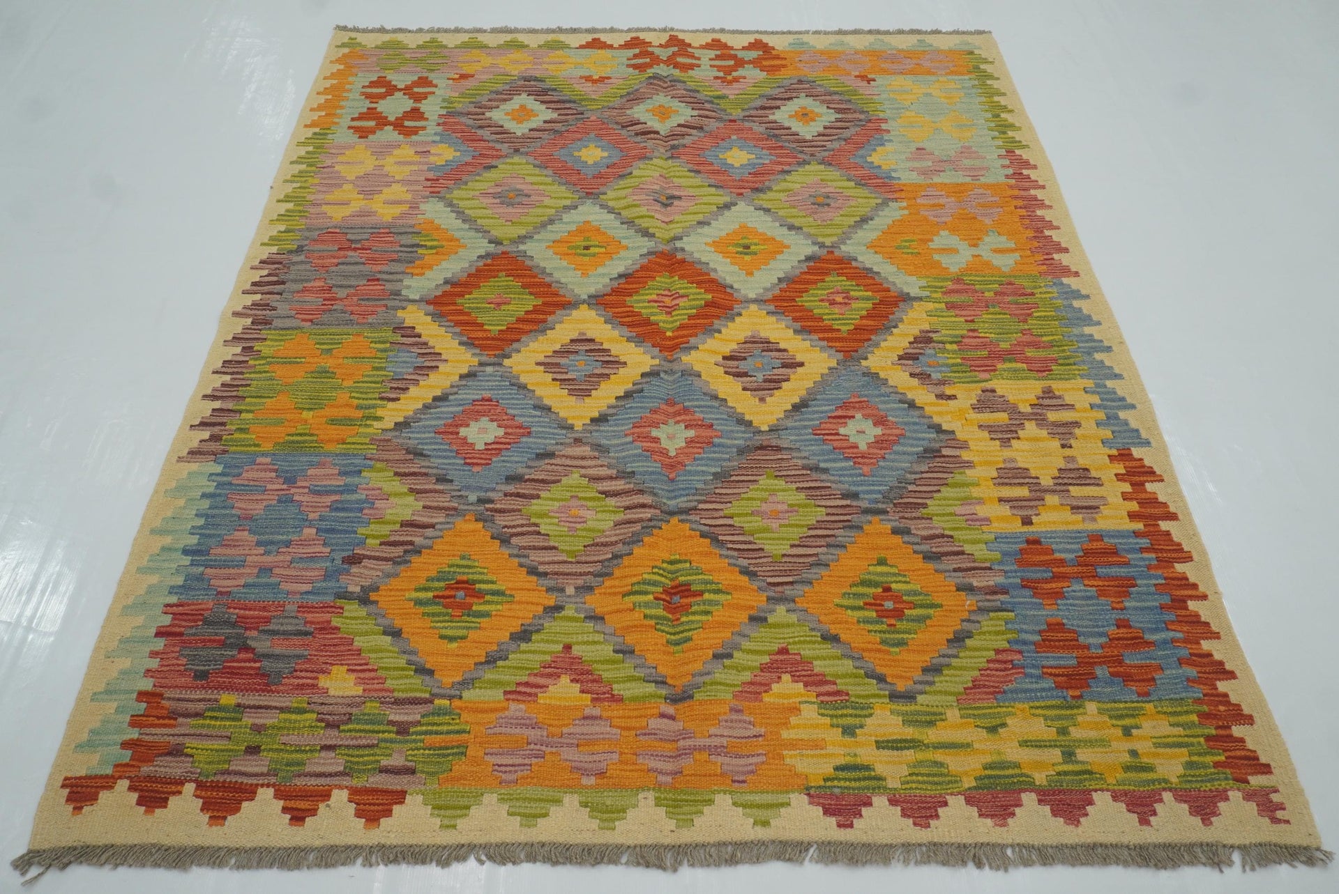 5'1"x6'4" Multicolor Afghan Handmade Geometric Kilim Rug