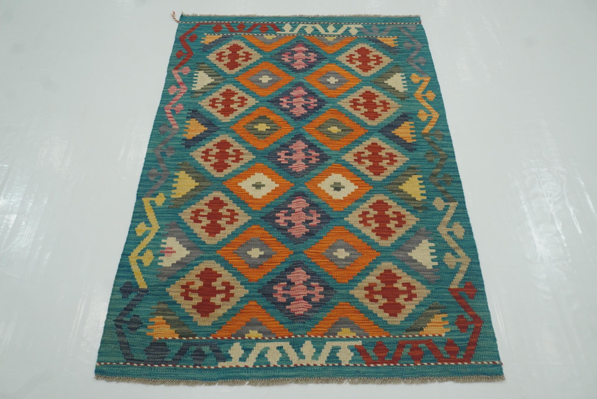 3x5 Turquoise Blue Afghan Handmade Geometric Kilim Rug
