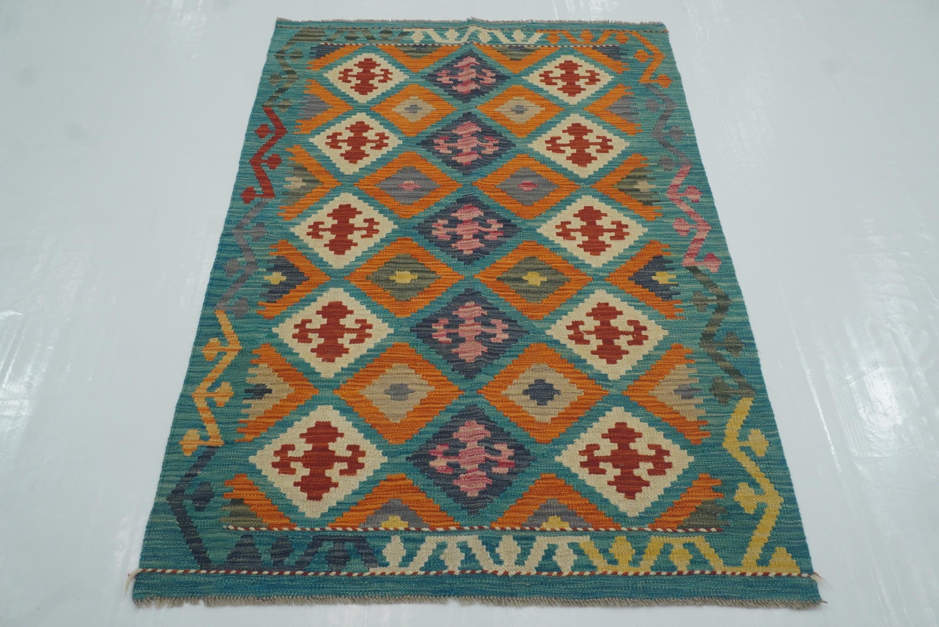 3x5 Turquoise Blue Afghan Handmade Geometric Kilim Rug