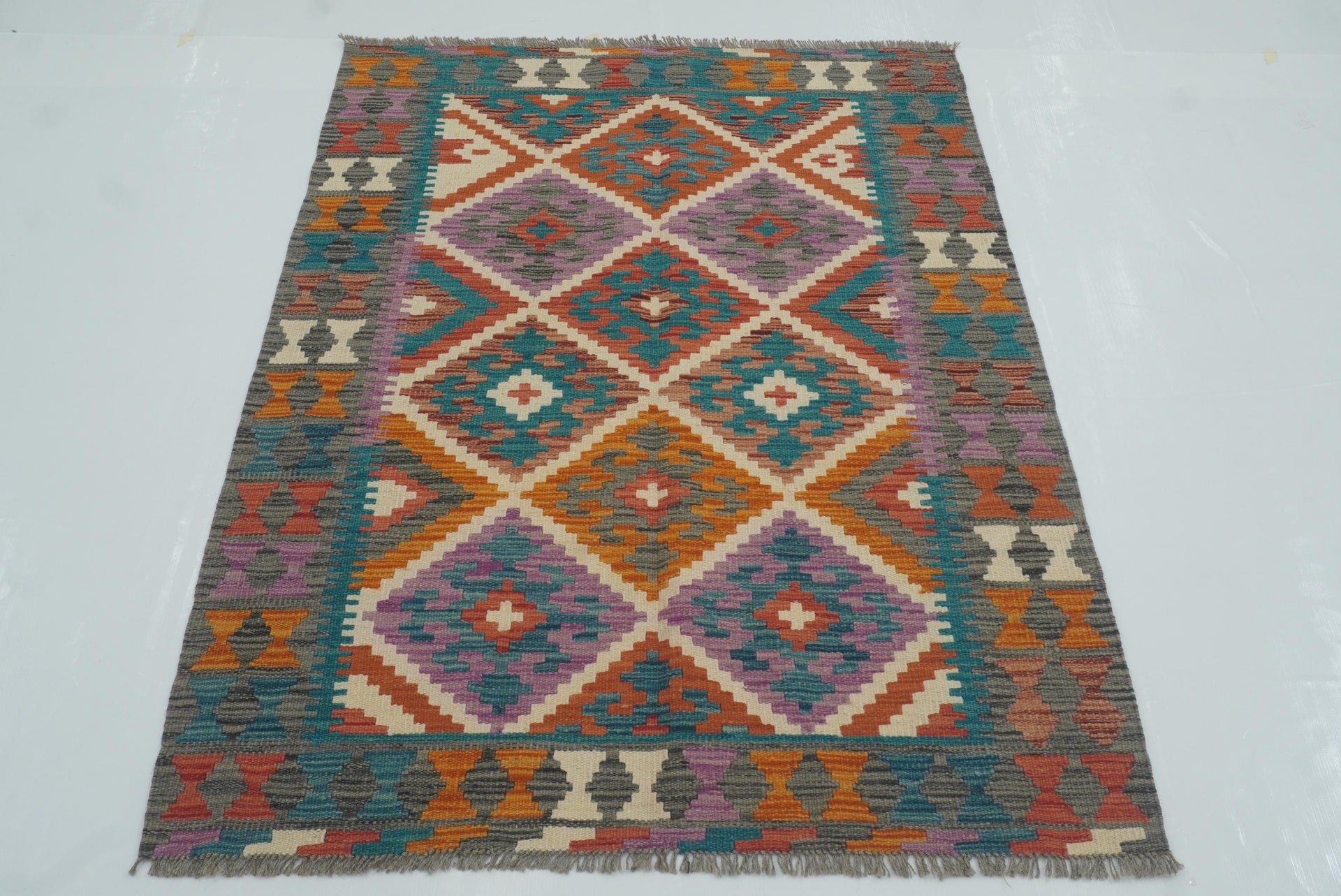3x5 Gray Afghan Handmade Geometric Kilim Rug
