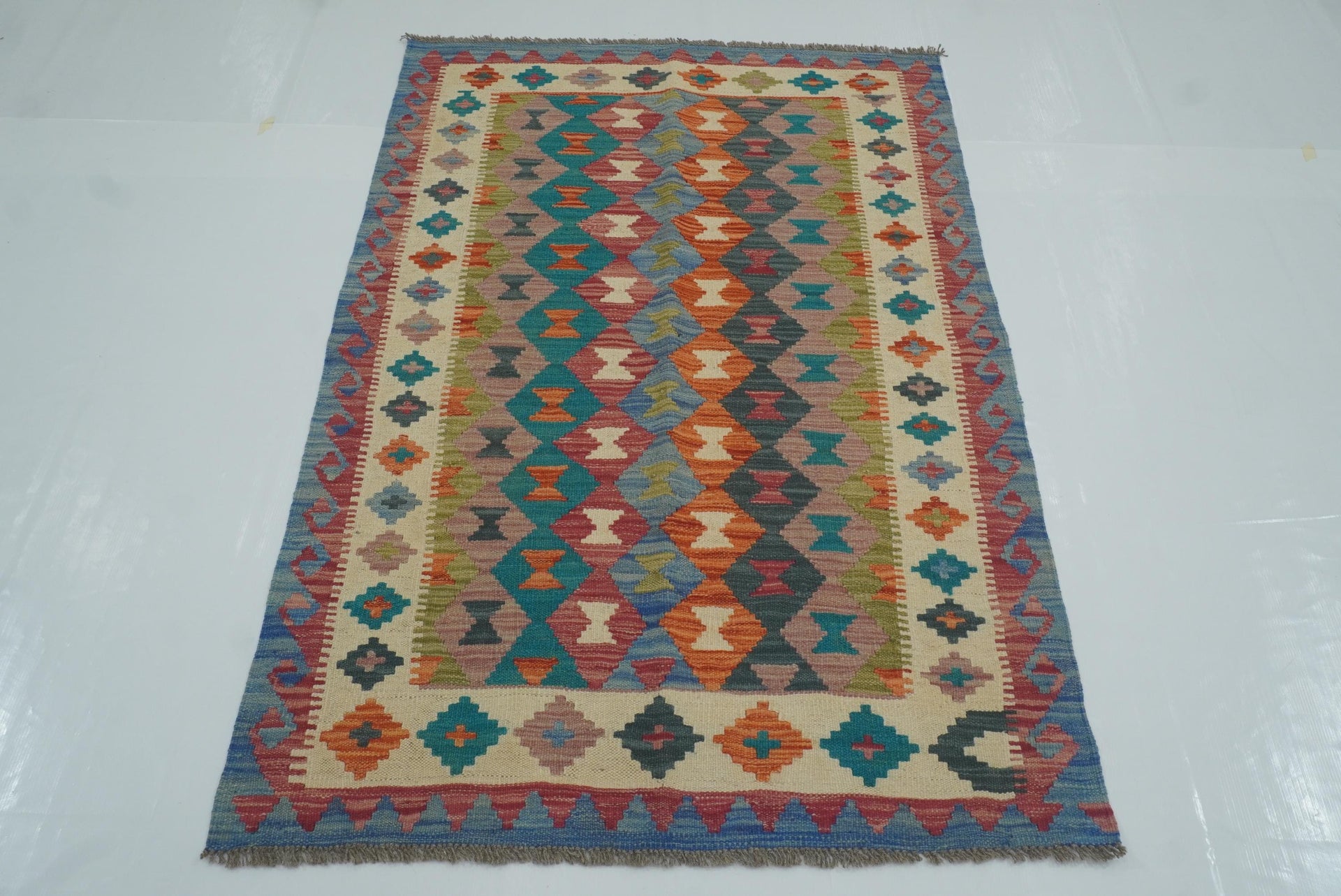 3x5 Blue Afghan Handmade Geometric Kilim Rug
