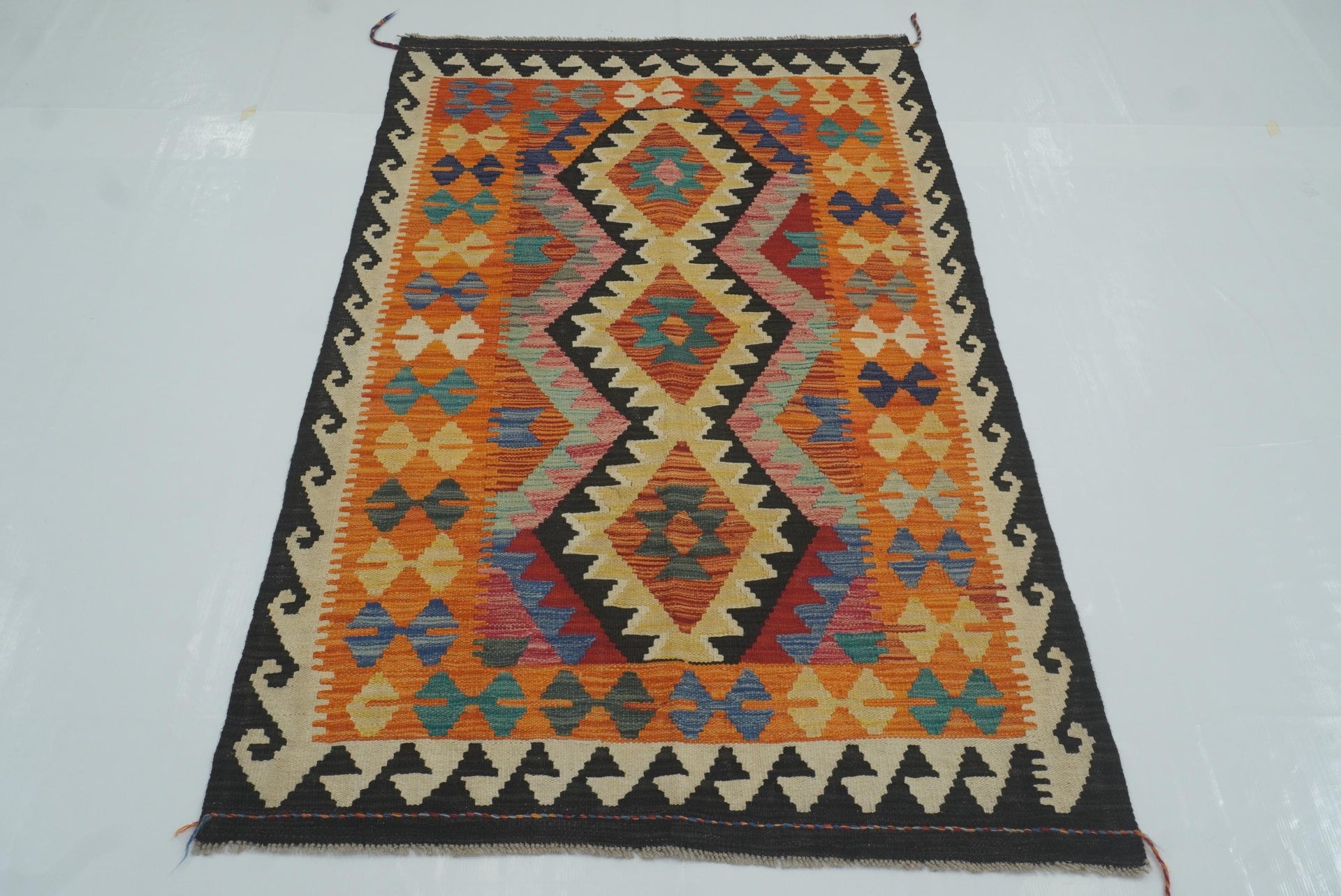 3x5 Orange Afghan Handmade Geometric Kilim Rug