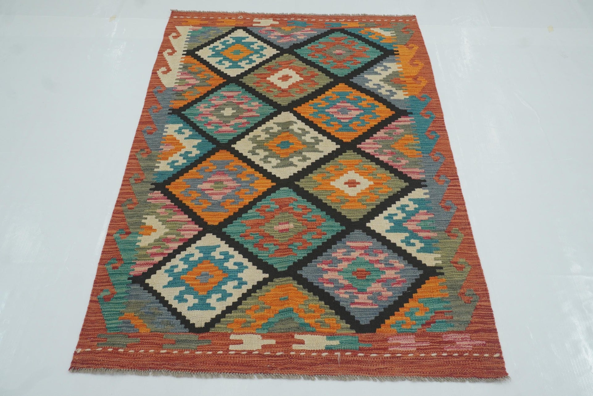 3x5 Red Black Afghan Handmade Geometric Kilim Rug