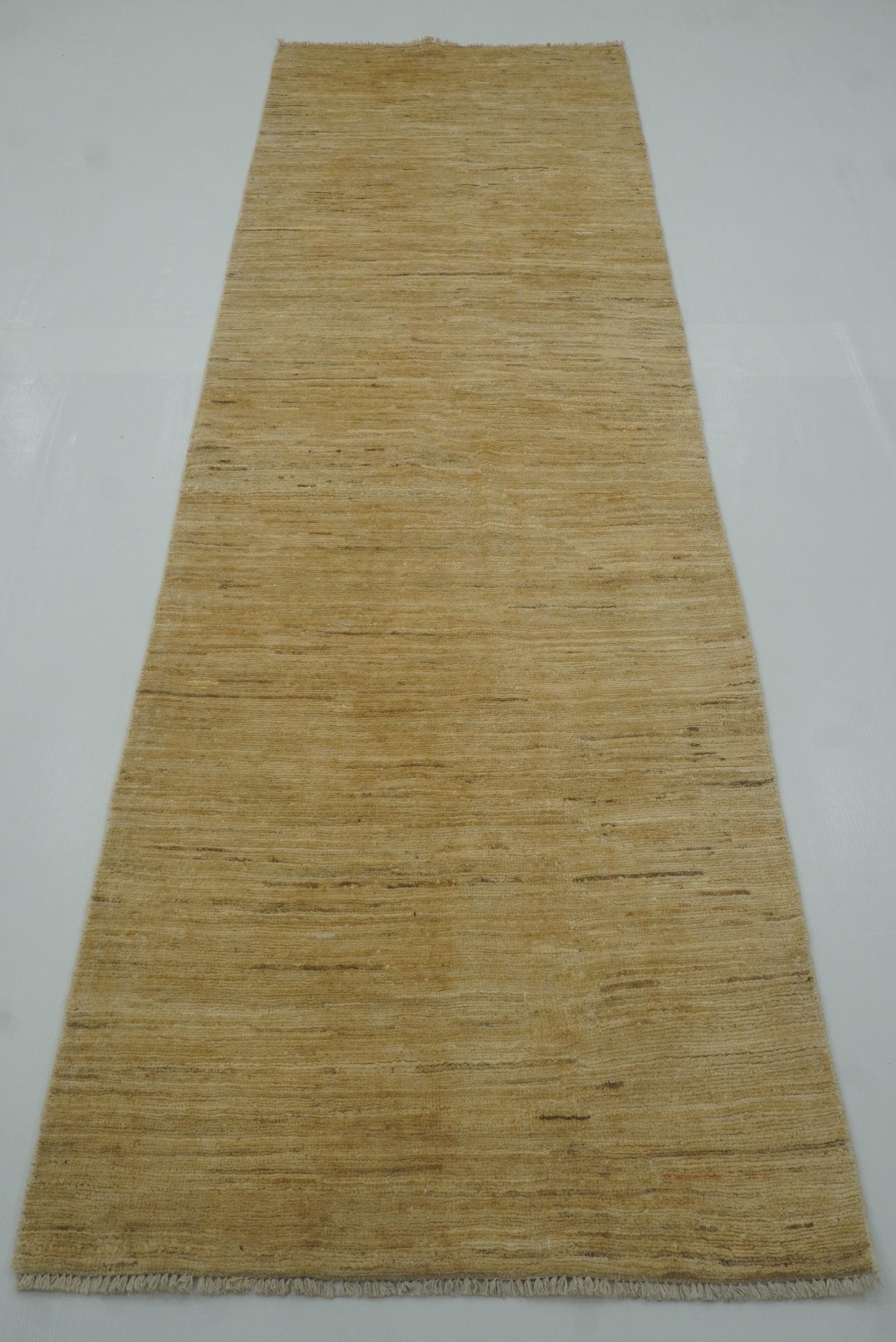 2'10"x9'3" Solid Gabbeh Gold Beige Afghan Hand Knotted Runner Rug - Yildiz Rugs