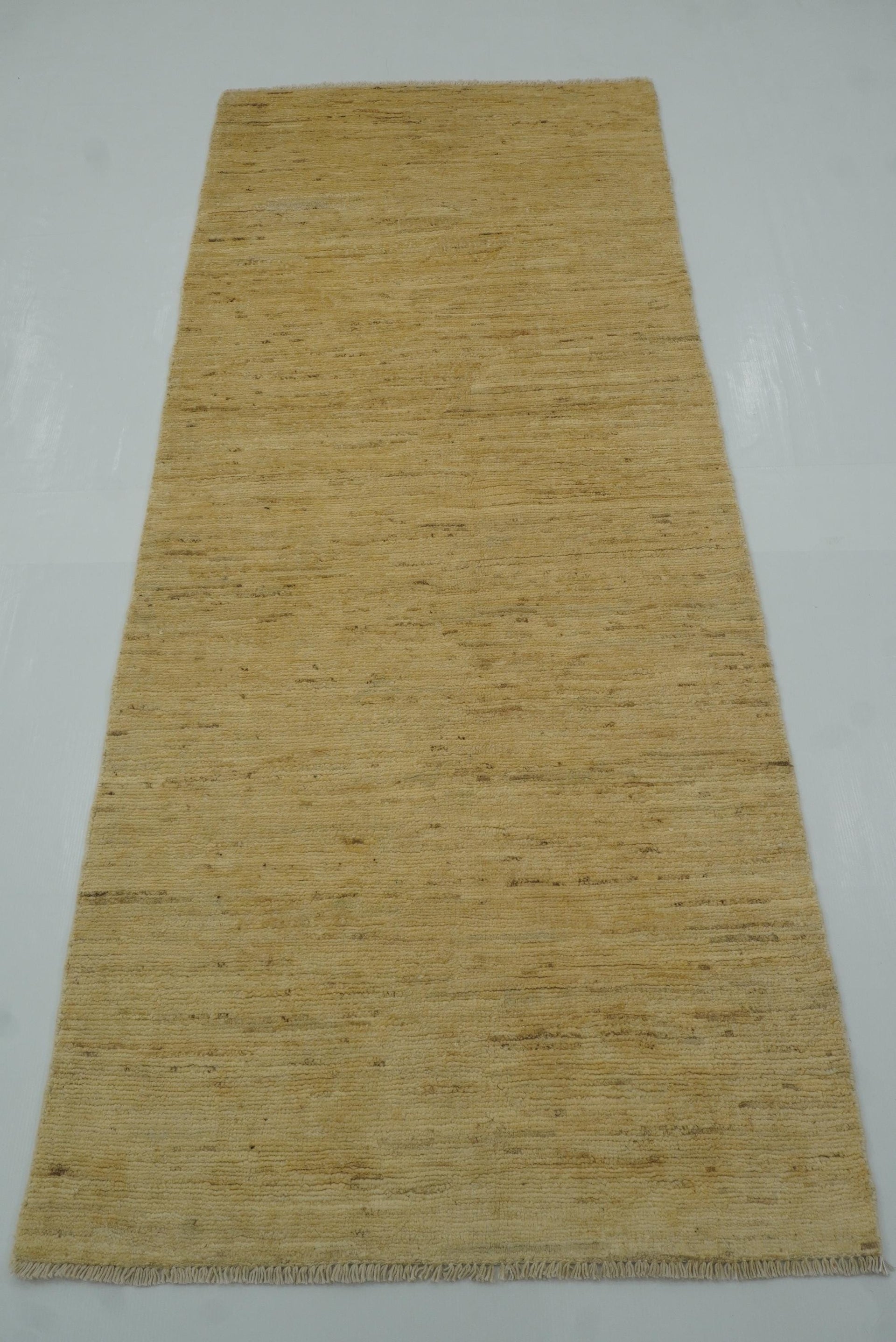 2'10"x7' Solid Gabbeh Gold Beige Afghan Hand Knotted Runner Rug - Yildiz Rugs