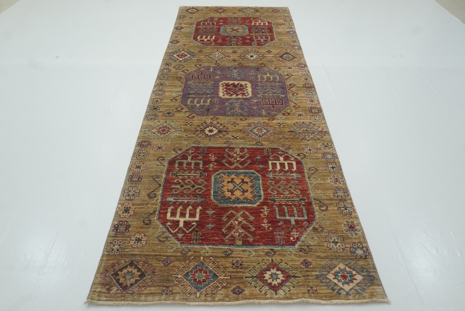 4x10 Beige Kazak Hand-Knotted Afghan Wool Wide Runner Rug - Yildiz Rugs