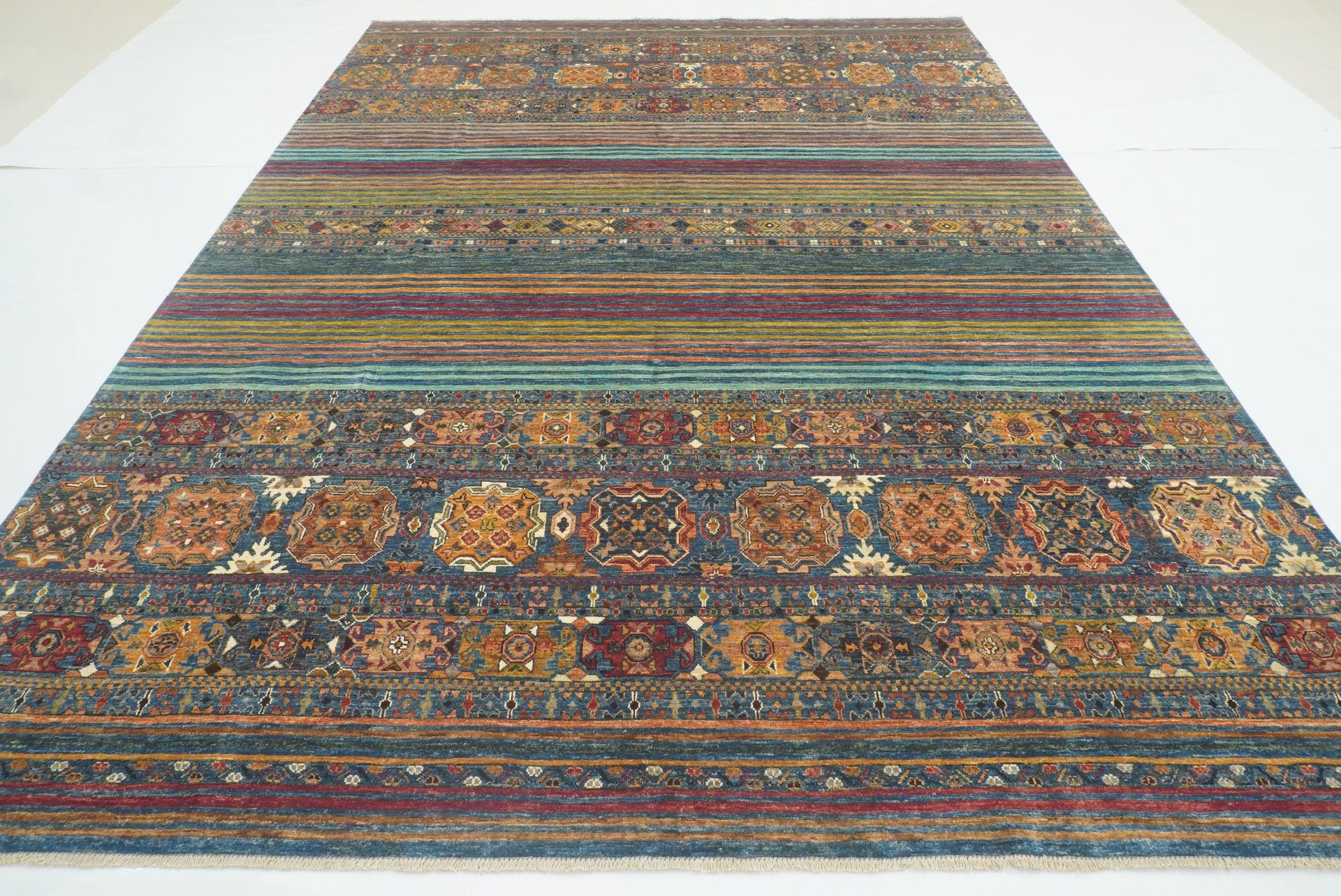 9x12 Blue Khorjin Afghan Hand knotted Wool Striped Rug - Yildiz Rugs
