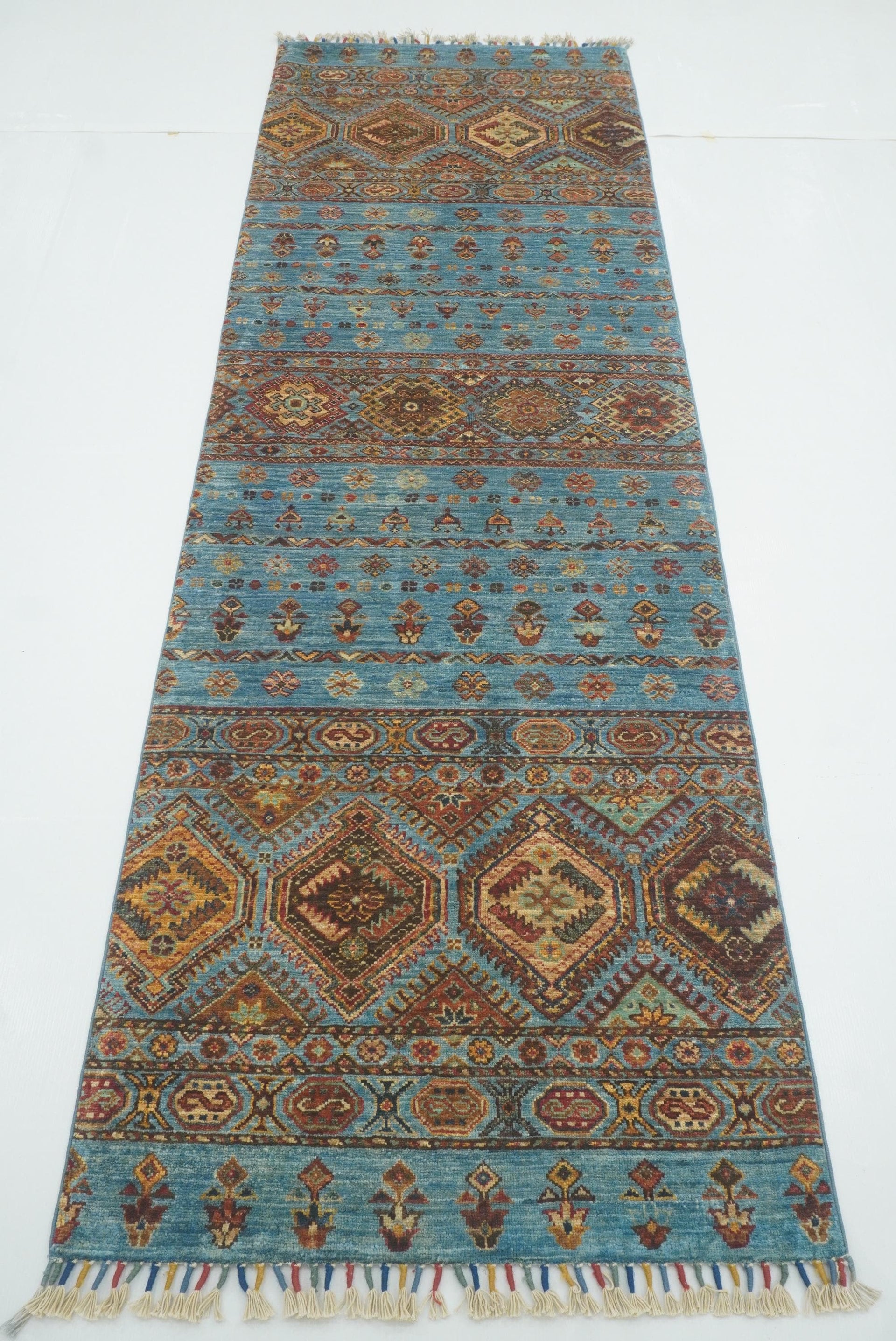 8 ft Blue Khorjin Afghan Hand Knotted Wool Runner Rug - Yildiz Rugs