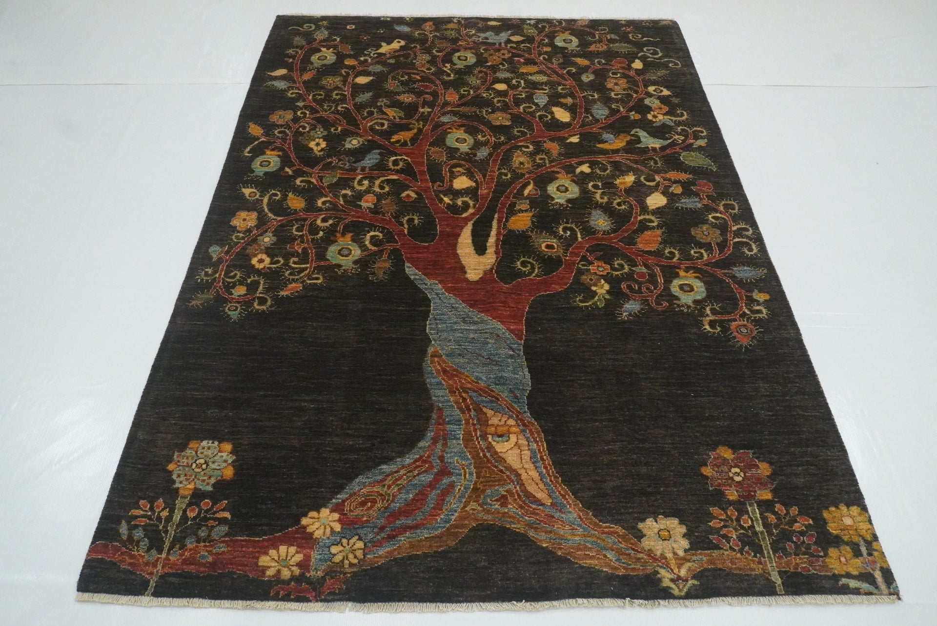 5x7 Black Gabbeh Tree of Life Hand-Knotted Afghan Wool Rug - Yildiz Rugs