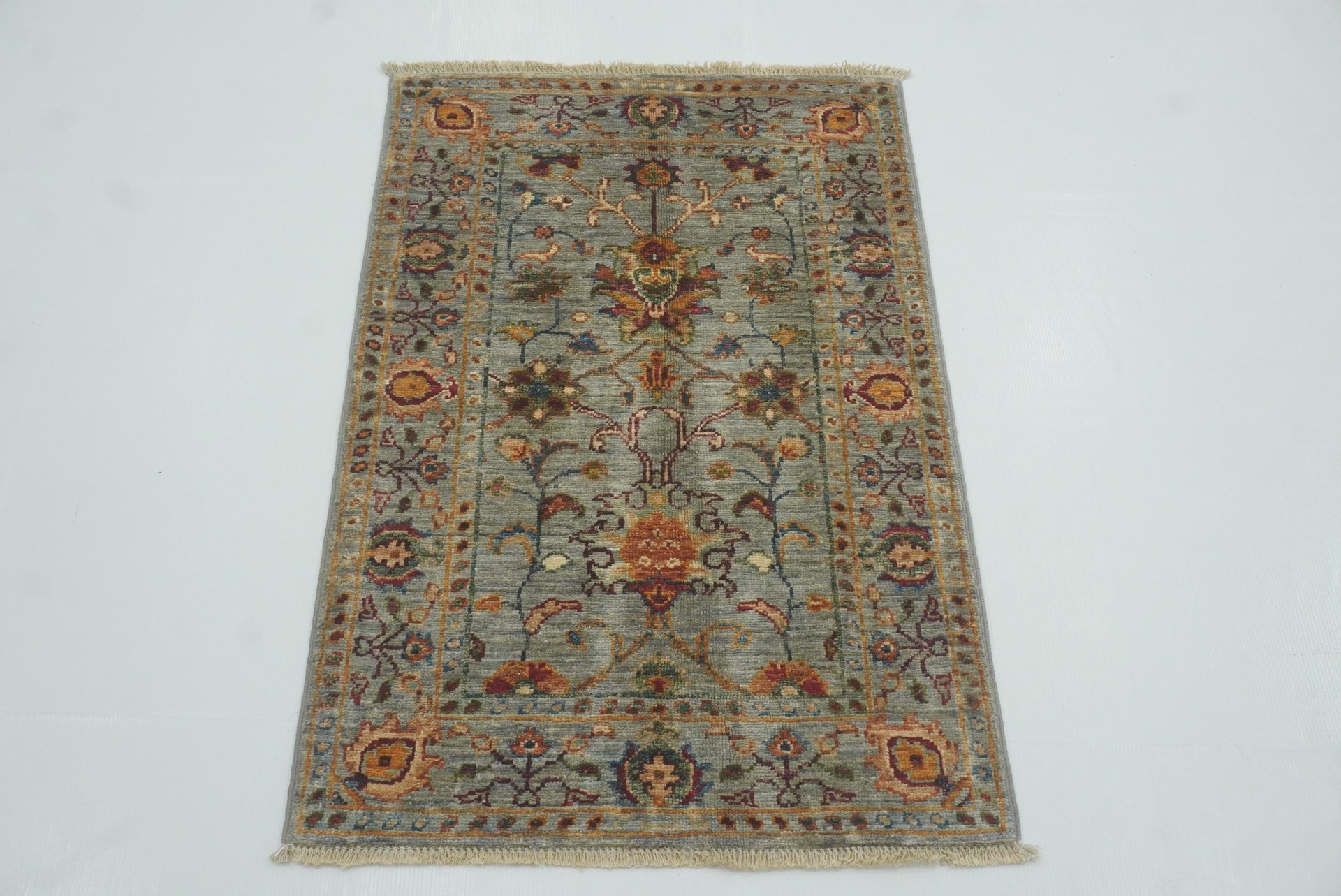 2x3 Gray Afghan Waziri Floral Hand Knotted Wool Rug - Yildiz Rugs