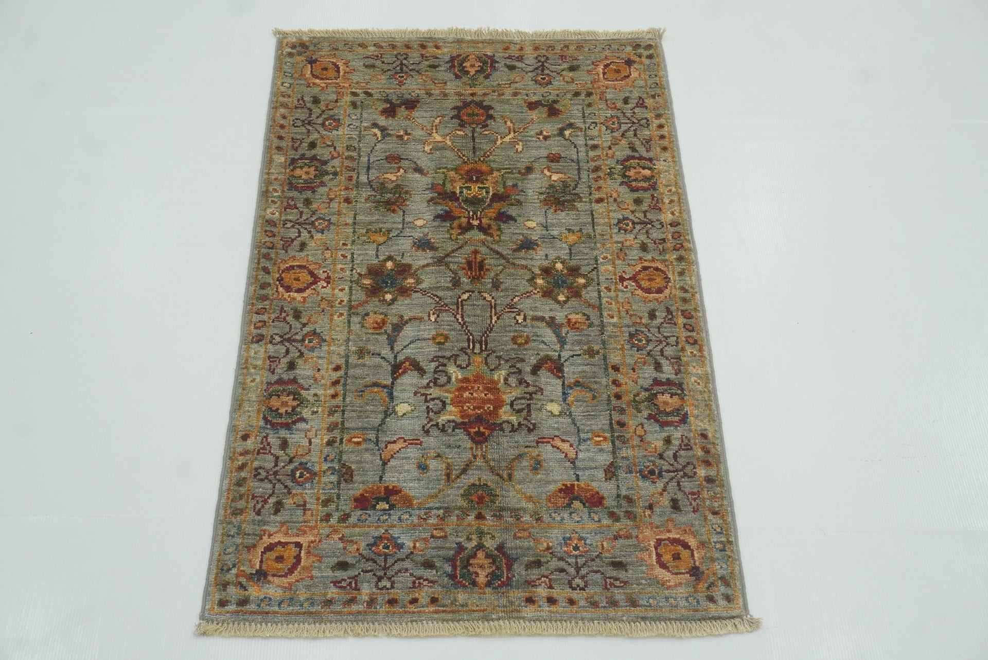 2x3 Gray Afghan Waziri Floral Hand Knotted Wool Rug - Yildiz Rugs