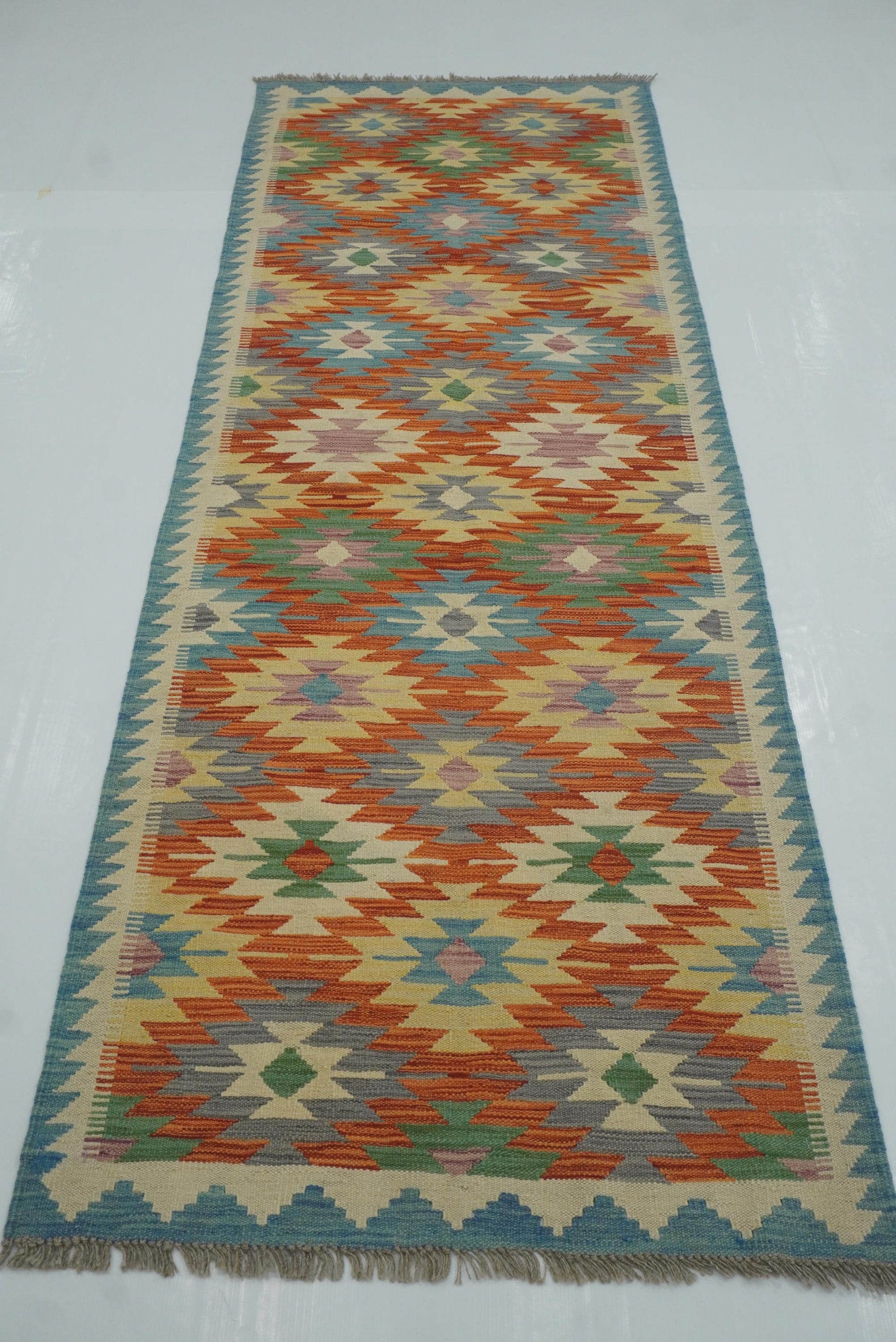 3x8 Orange Afghan Handmade Wool Kilim Runner Rug