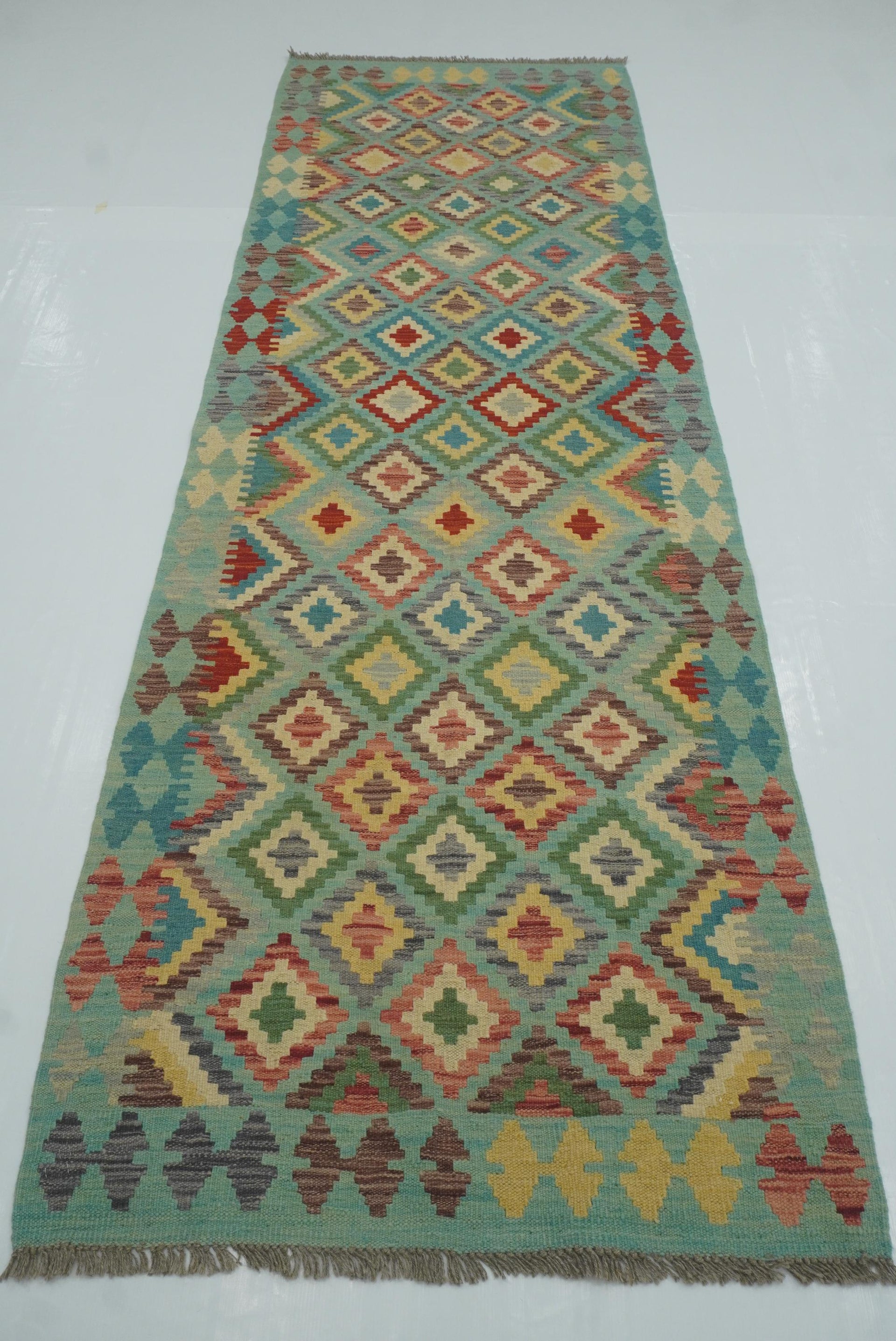 3x10 Blue Afghan Handmade Wool Kilim Runner Rug