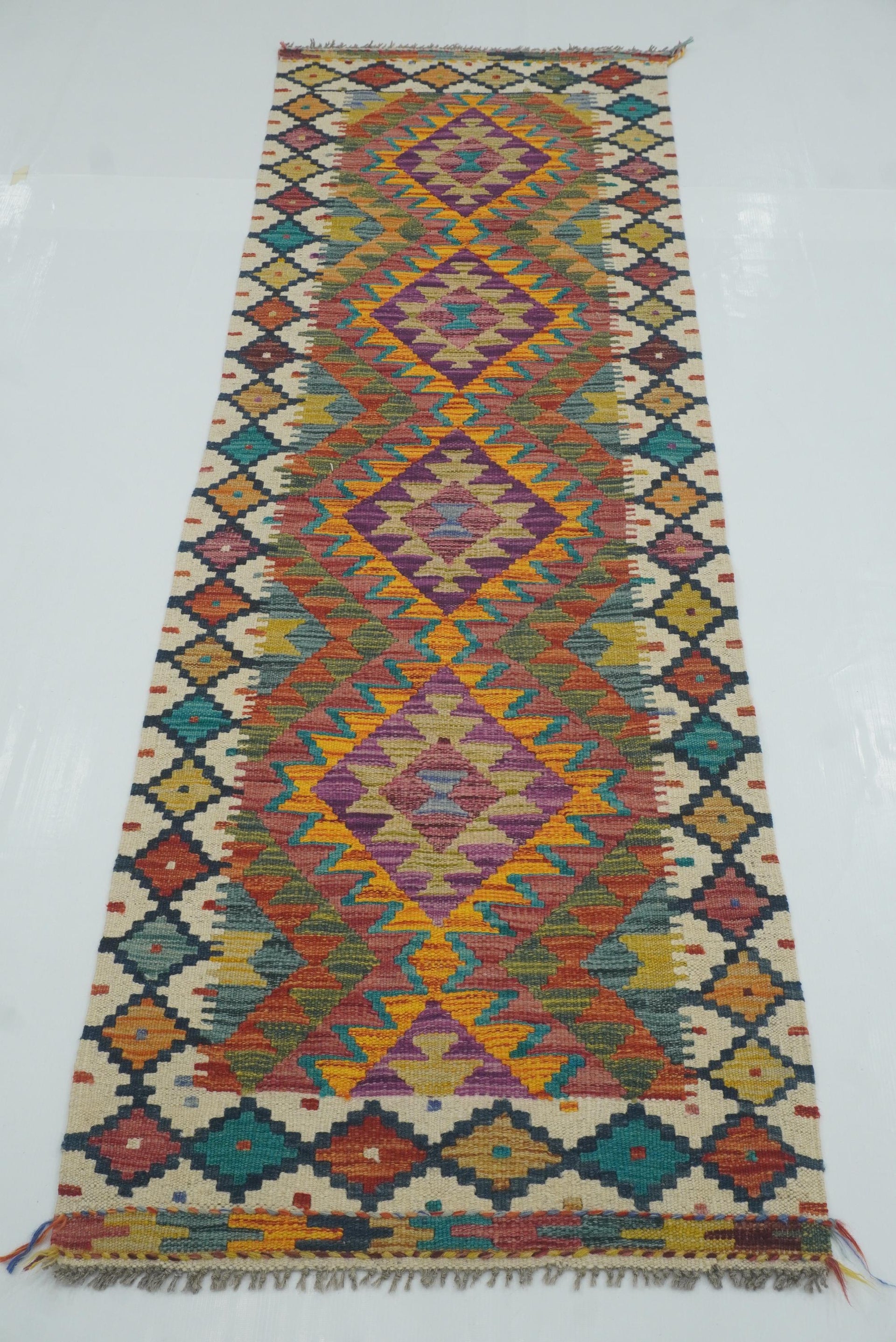 2x7 Ivory Afghan Handmade Wool Kilim Runner Rug