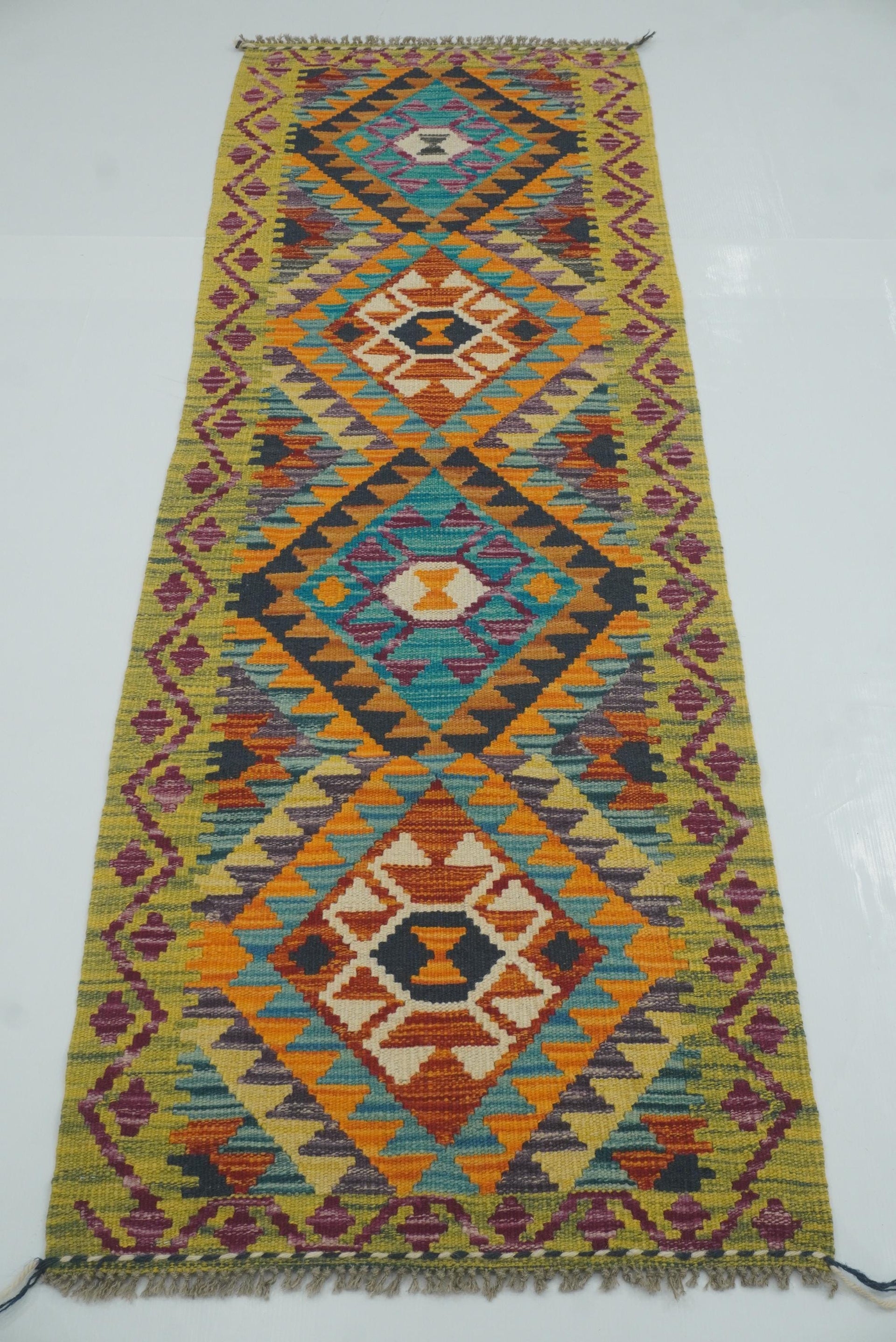 2x6 Green Afghan Handmade Wool Kilim Runner Rug