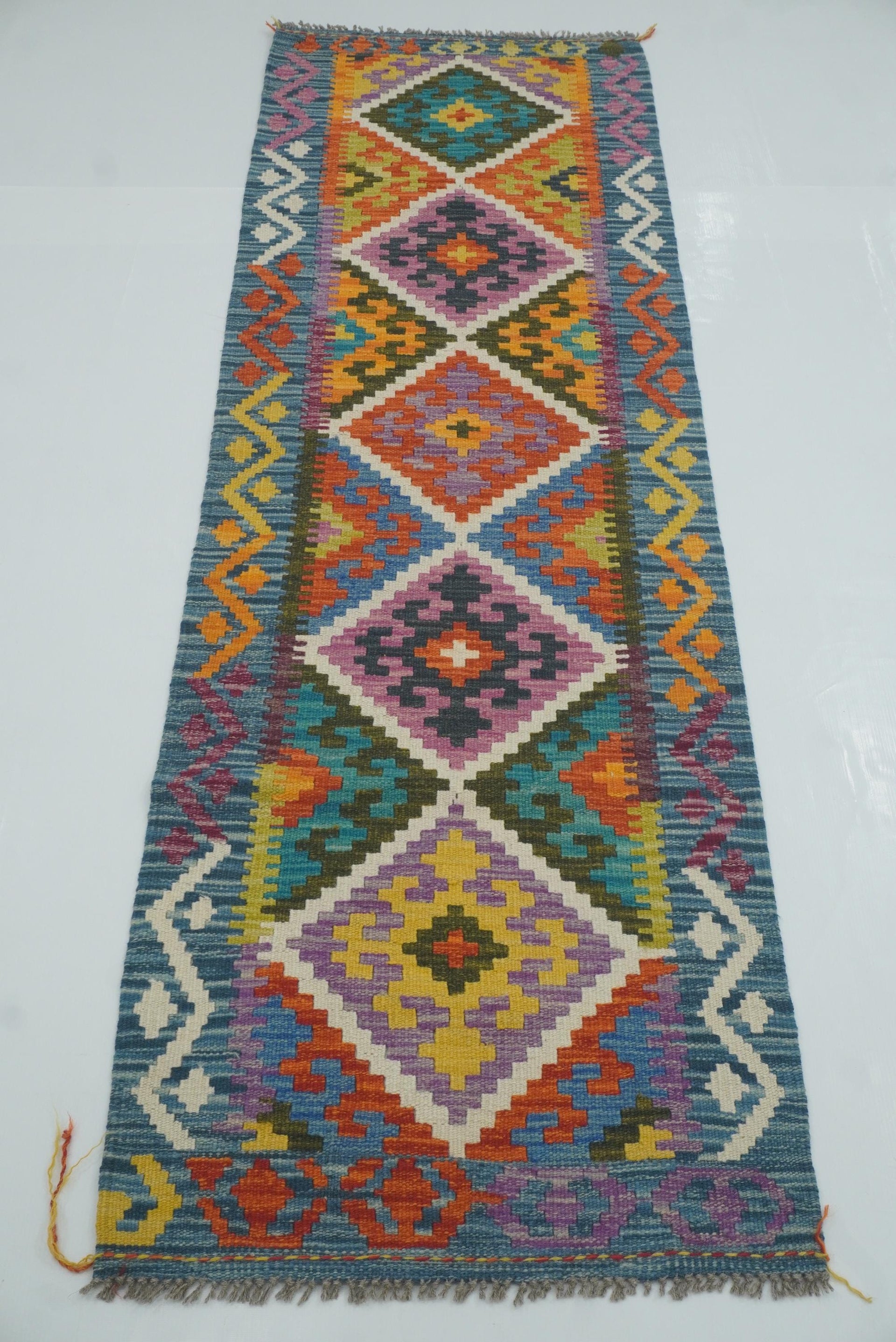 2x7 Blue Afghan Handmade Wool Kilim Runner Rug