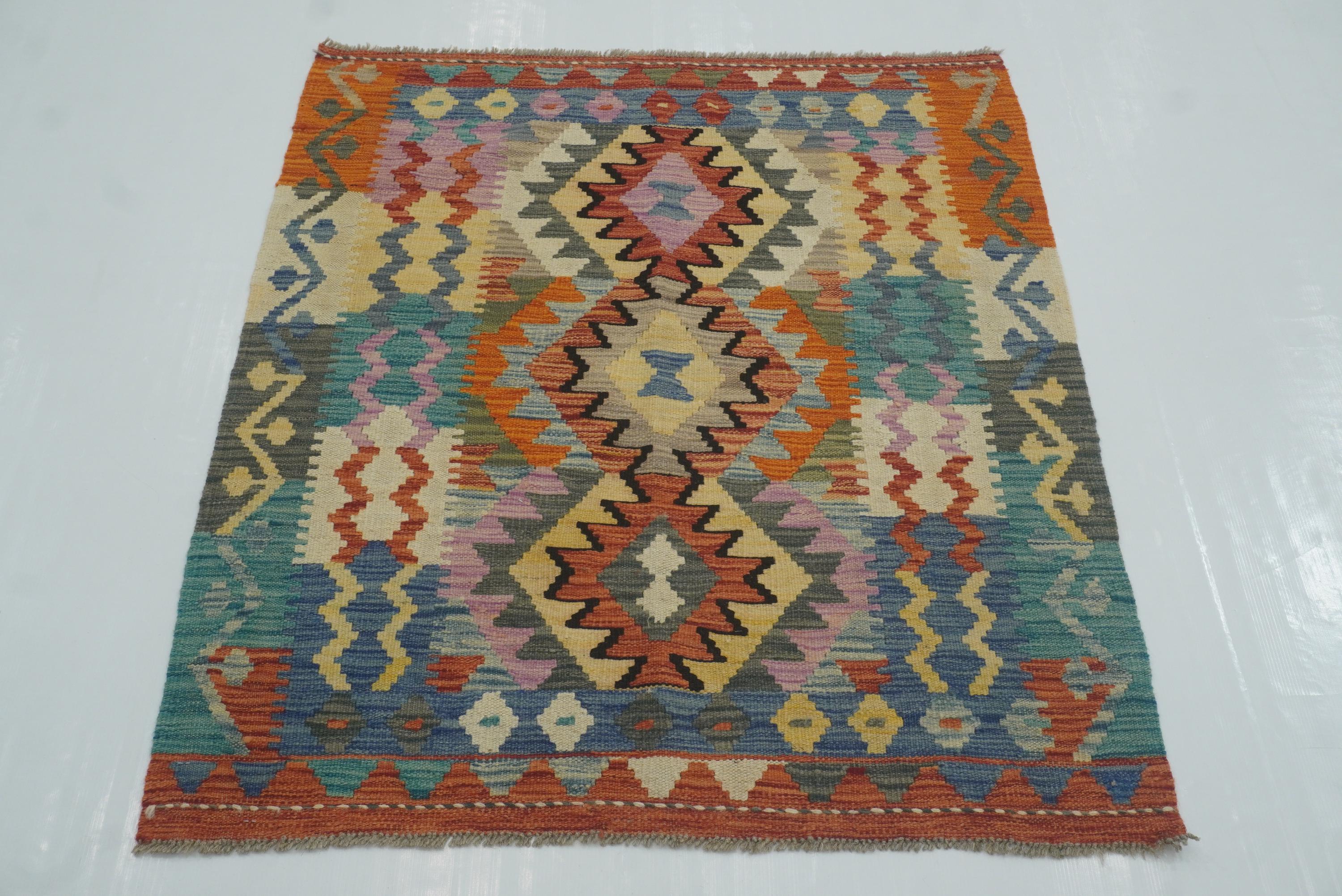 3x3 Red Afghan Handmade Wool Square Kilim Rug - Yildiz Rugs