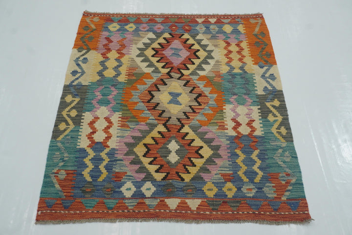 3x3 Red Afghan Handmade Wool Square Kilim Rug - Yildiz Rugs