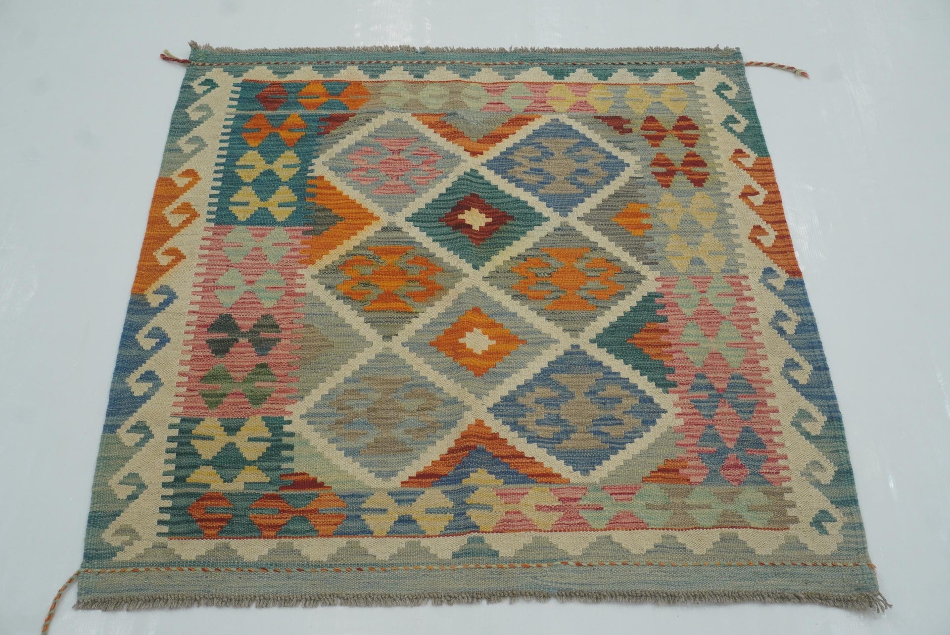 3x3 Blue Afghan Handmade Wool Square Kilim Rug
